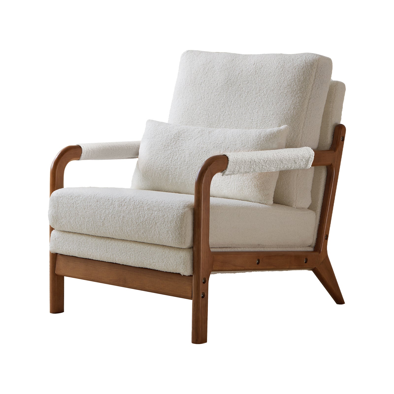 Modern Teddy Fabric Accent Chair,Oak Wood Frame Armchair For Living Room White Teddy