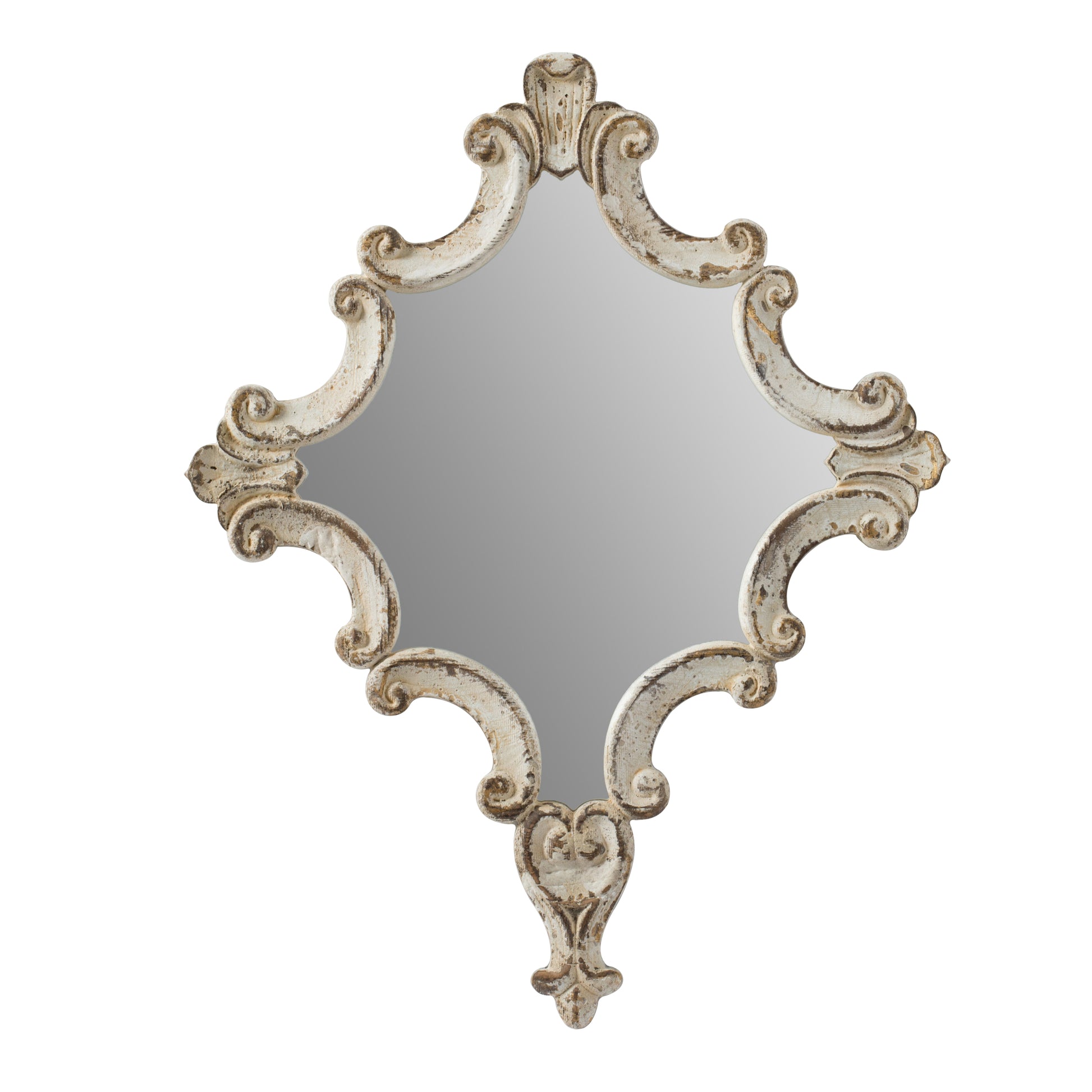 30" X 23.5" Artistic White Diamond Scrollwork Mirror, Home Accent Mirror For Living Room, Entryway, Bedroom, Office Antique White Wood Glass