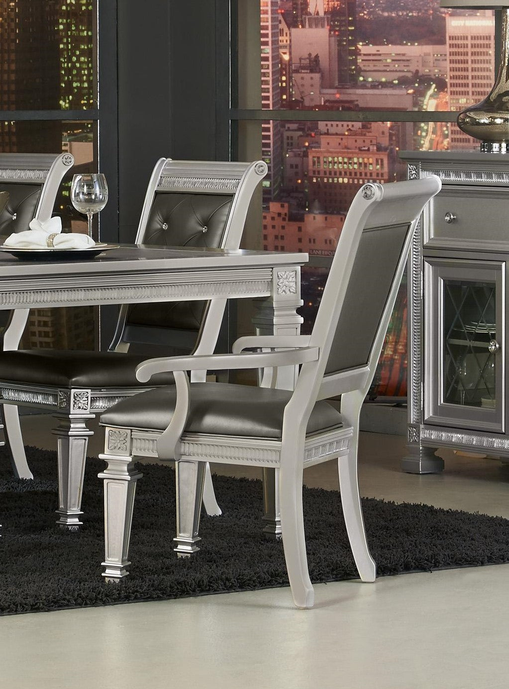 Silver Finish 7Pc Dining Set Table W Leaf 2X Armchairs 4X Side Chairs Modern Glam Style Crystal Tufted Chairs Upholstered Seat Wooden Dining Room Furniture Silver Seats 6 Dining Room Extendable Glam,Modern Rectangular Dining Table With Chair Wood