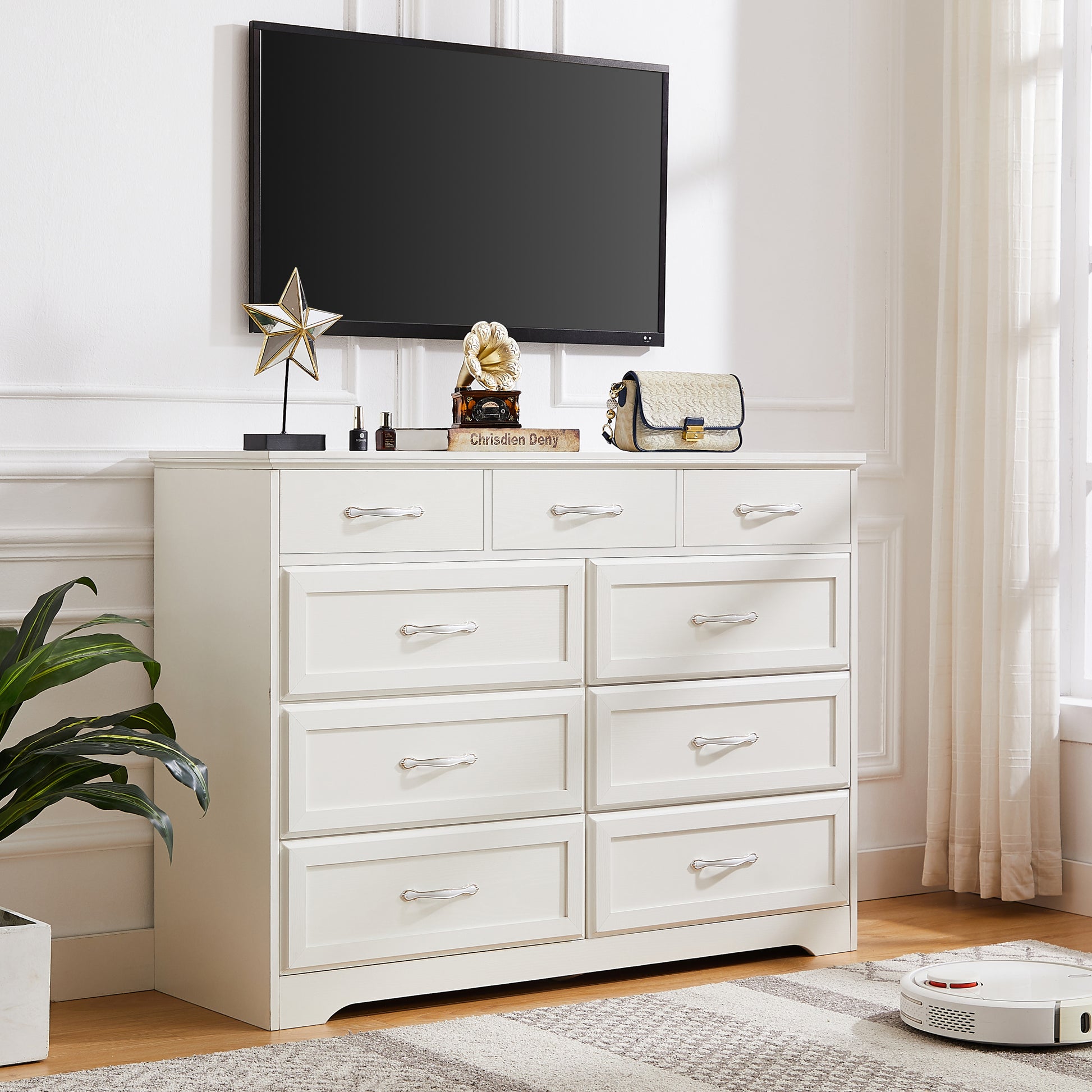 Bedroom Dresser, 9 Drawer Long Dresser With Antique Handles, Wood Chest Of Drawers For Kids Room, Living Room, Entry And Hallway, White, 47.56''W X 15.75''D X 34.45''H. White Particle Board