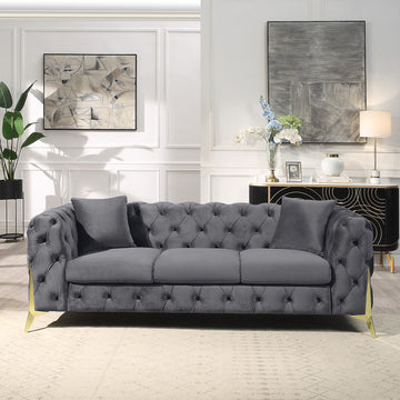 Grey Elegant Velvet Living Room 3 Seater Sofa, Upholstered Sofa Grey Velvet