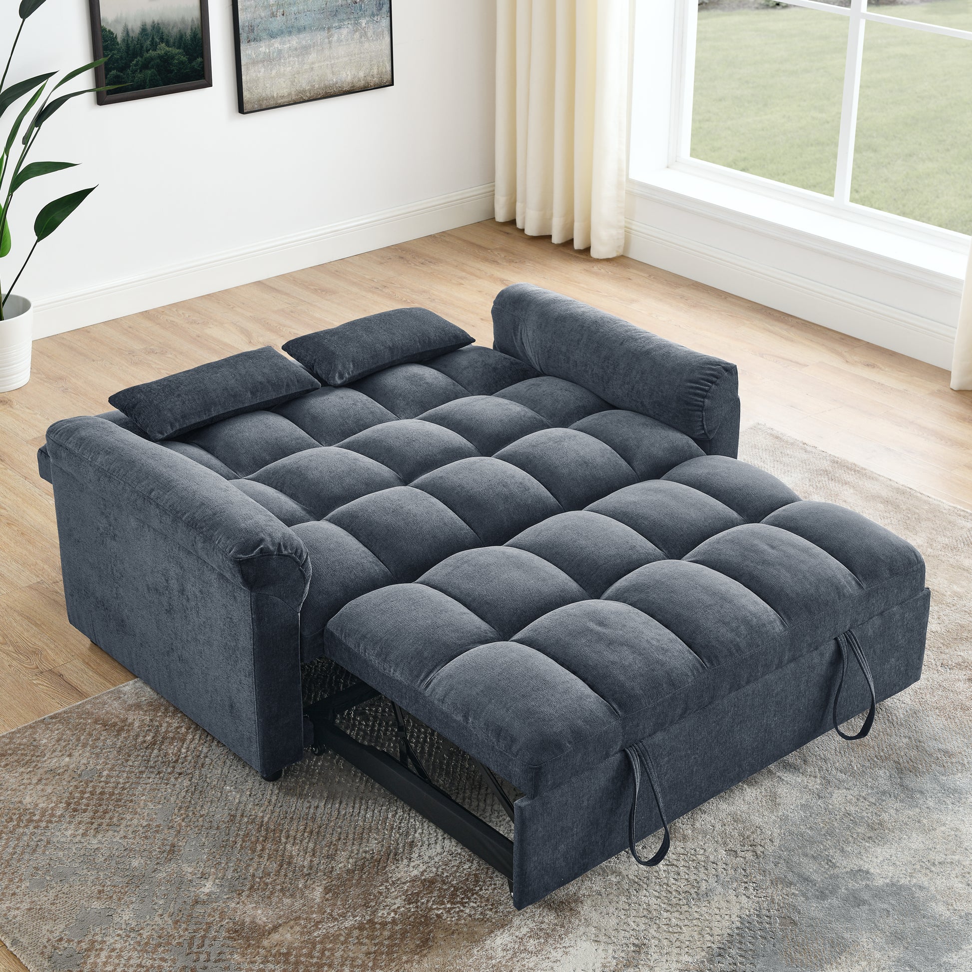 Loveseats Sofa Bed With Pull Out Bed,Adjsutable Back,Blue Grey Blue Grey Linen Wood Primary Living Space Medium Soft Tight Back Eucalyptus Pillow Top Arms Foam Linen 2 Seat