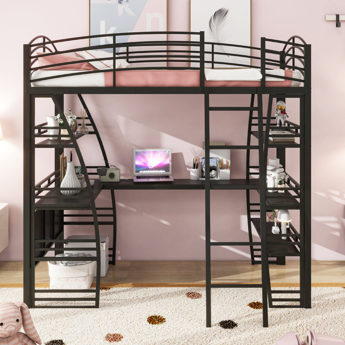 Twin Size Loft Bed With 4 Layers Of Shelves And L Shaped Desk, Stylish Metal Frame Bed With A Set Of Sockets, Usb Ports And Wireless Charging, Black Black Metal