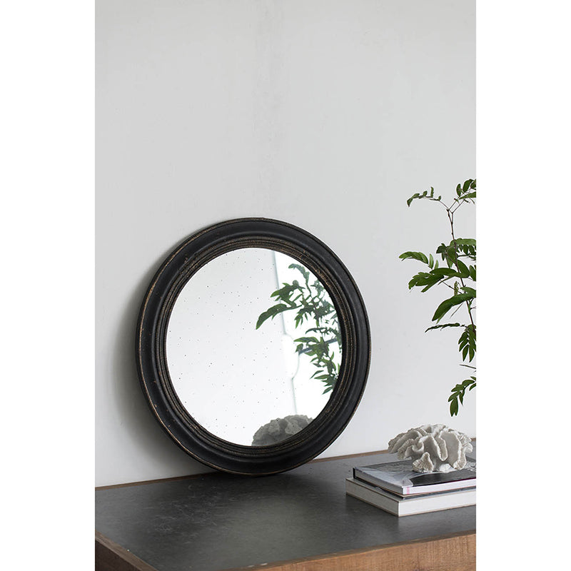 23.5" Circle Wall Mirror With Wooden Black Frame, Antique Classic Accent Mirror, For Living Room, Foyer, Bathroom, Office Black Mdf Glass