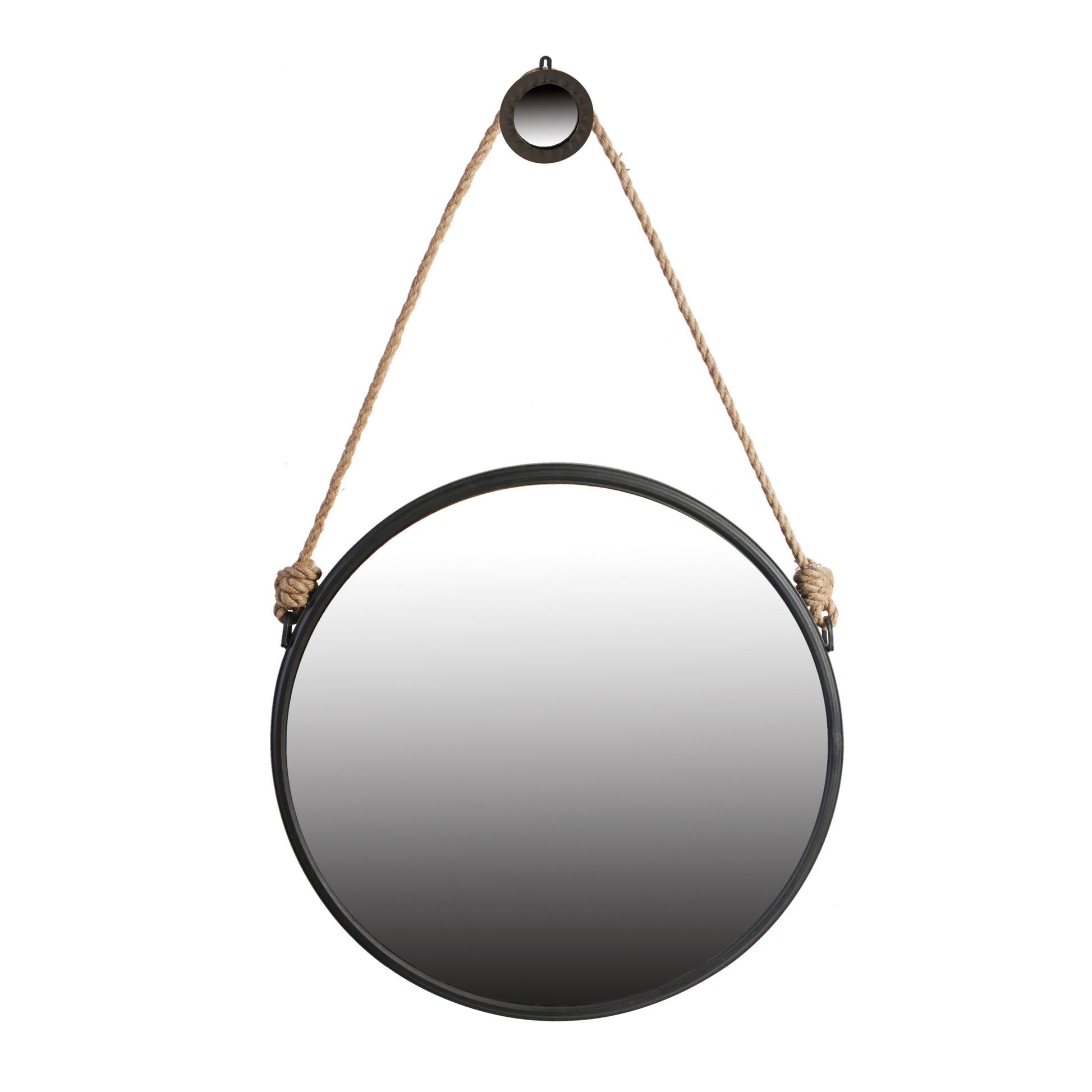 29.5" In On Trend Hanging Round Mirror With Black Framed And With Rope Strap Contemporary Industrial Decor For Bathroom, Bedroom, Or Living Space Black Iron