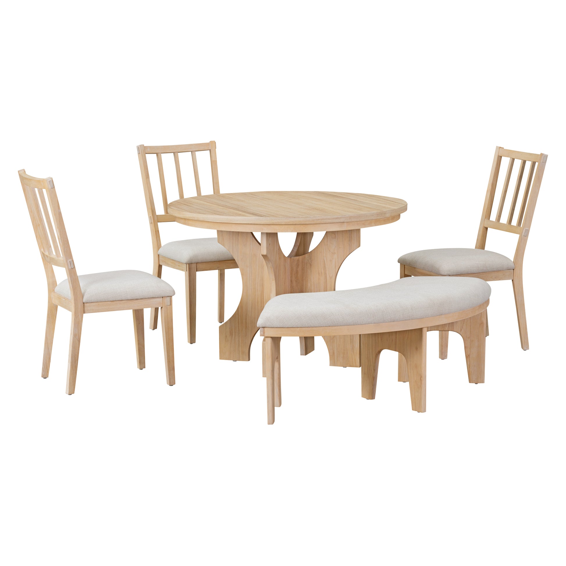5 Piece Dining Table Set, 44" Round Dining Table With Curved Bench & Side Chairs For 4 5 People For Dining Room And Kitchen Natural Wood Wash Wood Dining Room Distressed Finish Rubberwood Round Dining Table With Chair And Bench Upholstered Chair Wood