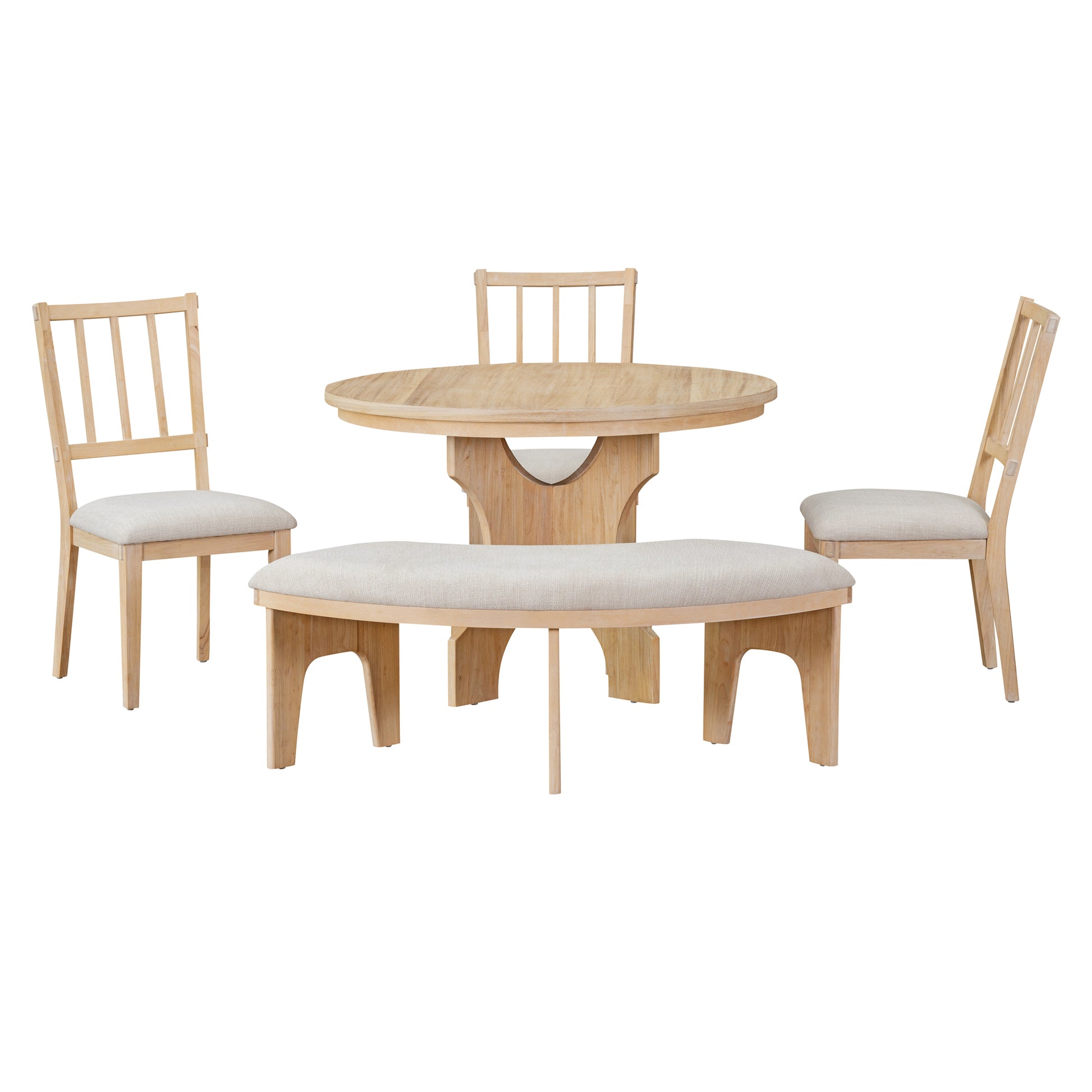 5 Piece Dining Table Set, 44" Round Dining Table With Curved Bench & Side Chairs For 4 5 People For Dining Room And Kitchen Natural Wood Wash Wood Dining Room Distressed Finish Rubberwood Round Dining Table With Chair And Bench Upholstered Chair Wood