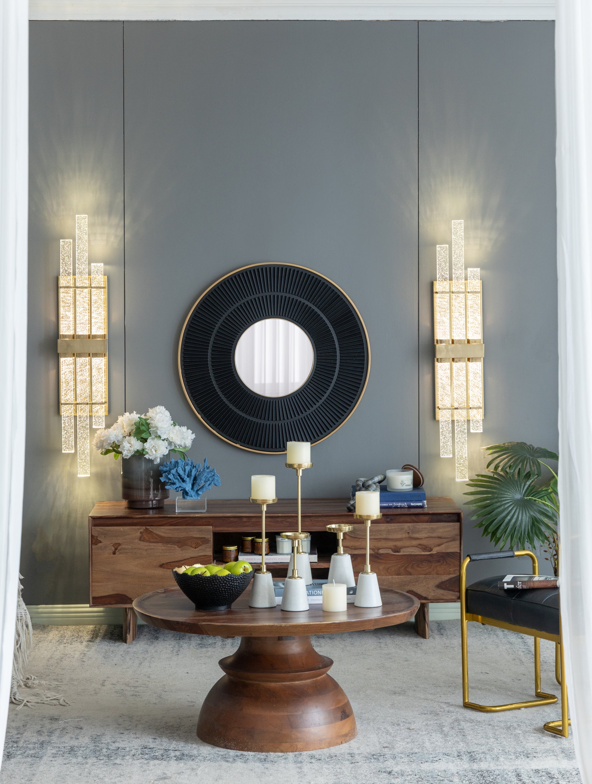 31.5X1X31.5" Round Carter Wooden Mirror With Gold Iron Frame Neutral Colorway Wall Decor For Live Space Golden Black Mdf Glass