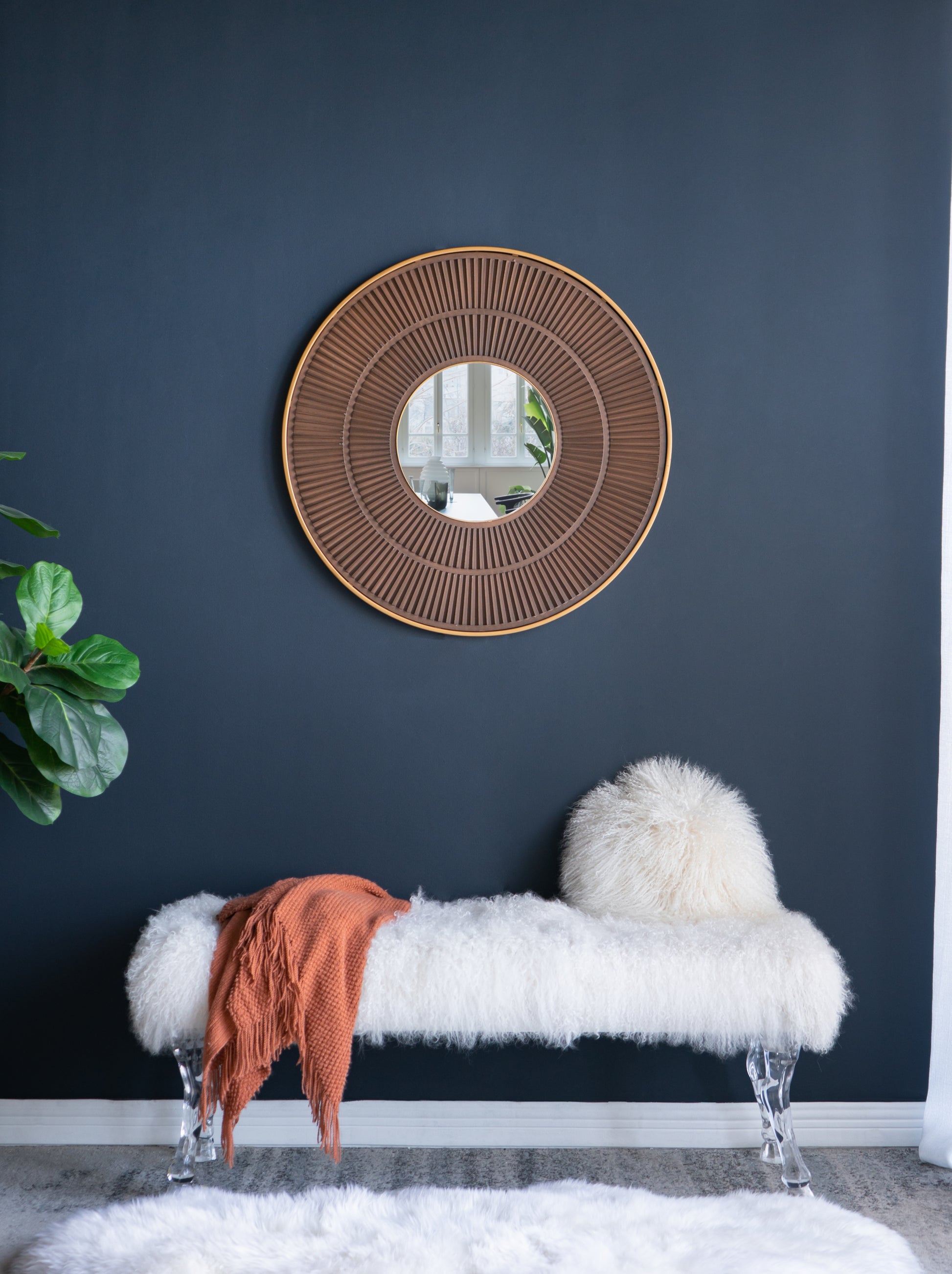 31.5X1X31.5" Round Carter Wooden Mirror With Gold Iron Frame Neutral Colorway Wall Decor For Live Space, Bathroom, Entryway Wall Decor Brown Mdf Glass