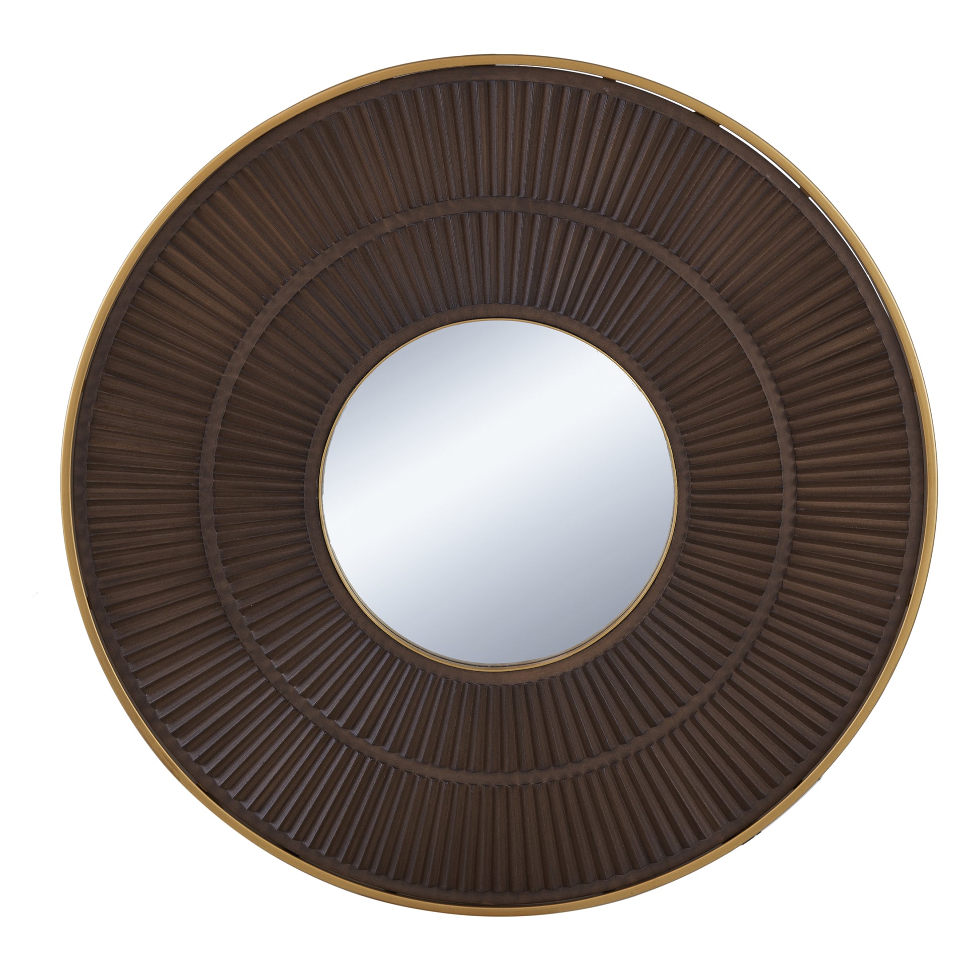 31.5X1X31.5" Round Carter Wooden Mirror With Gold Iron Frame Neutral Colorway Wall Decor For Live Space, Bathroom, Entryway Wall Decor Brown Mdf Glass