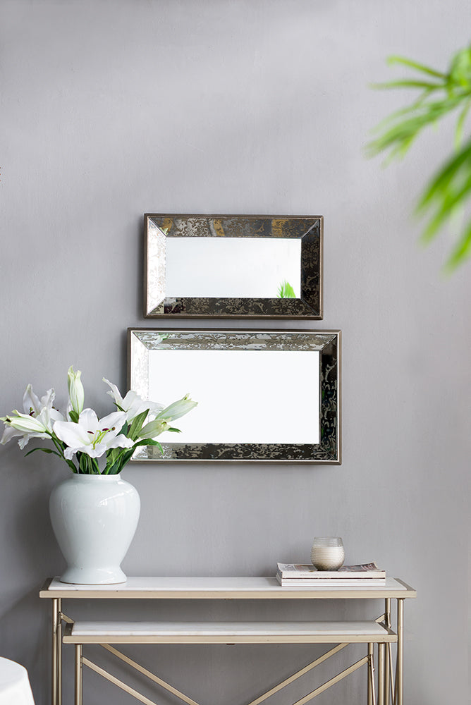 20" X 12" Antique Silver Rectangle Mirror With Floral Accents, Mirrored Display Tray, Hanging Wall Mirror Silver Mdf Glass