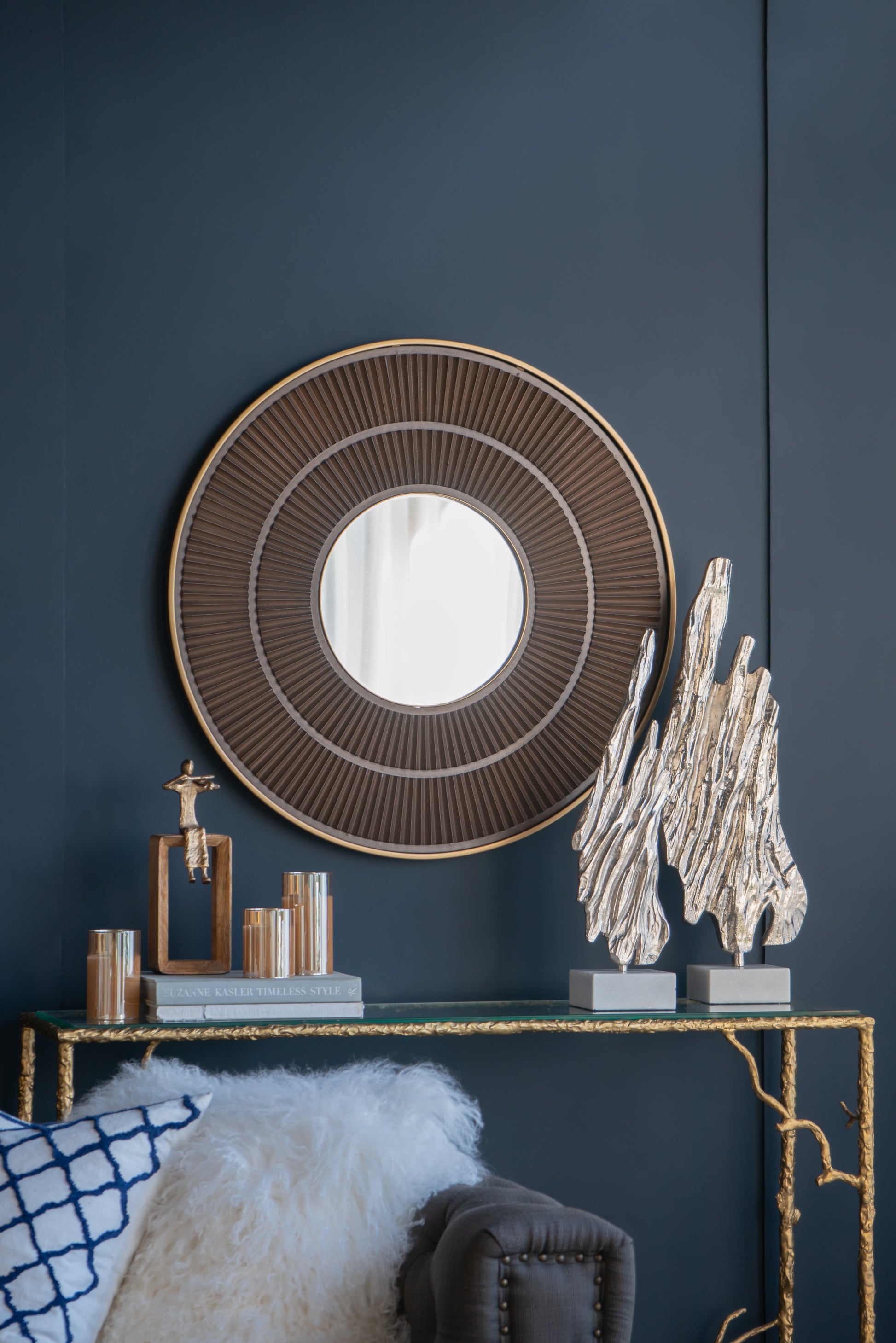 31.5X1X31.5" Round Carter Wooden Mirror With Gold Iron Frame Neutral Colorway Wall Decor For Live Space, Bathroom, Entryway Wall Decor Brown Mdf Glass