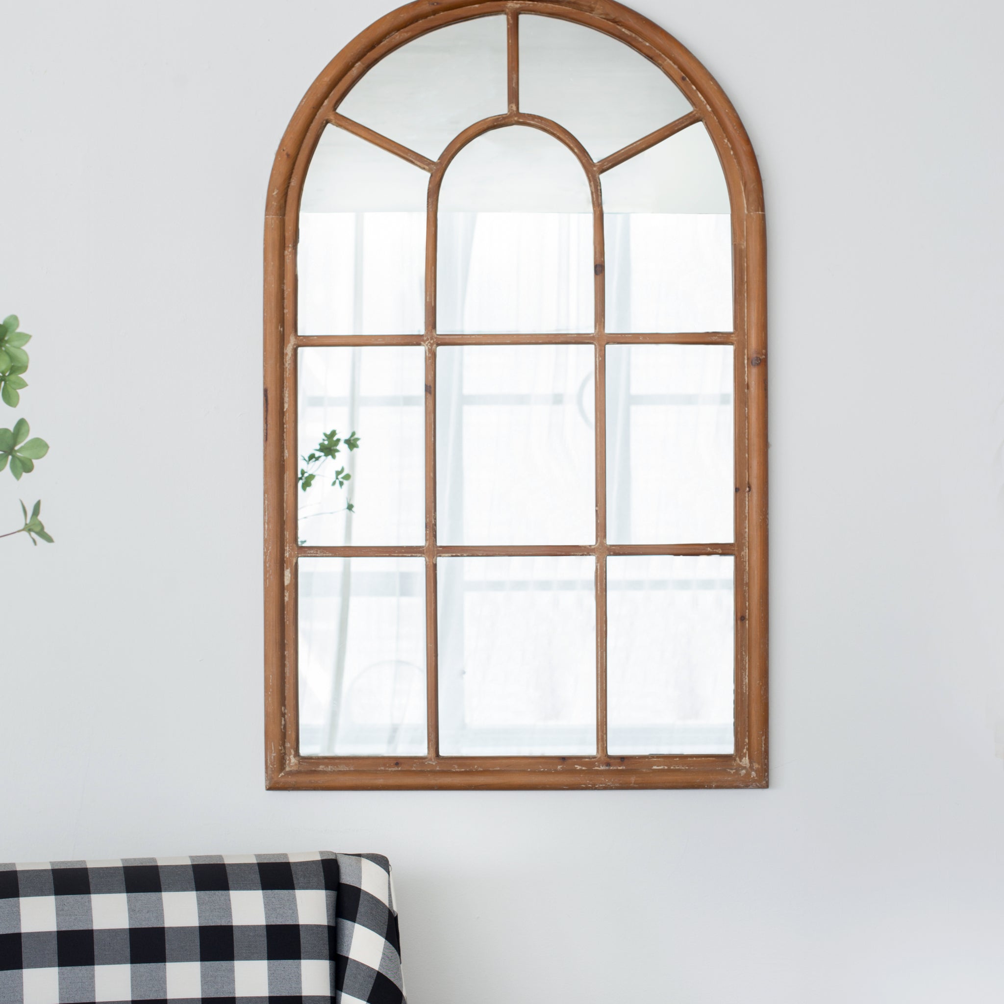 34X54.3" Large Arched Accent Mirror With Brown Frame With Decorative Window Look Classic Architecture Style Solid Fir Wood Interior Decor Brown Wood Glass