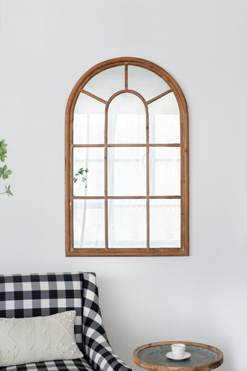 34X54.3" Large Arched Accent Mirror With Brown Frame With Decorative Window Look Classic Architecture Style Solid Fir Wood Interior Decor Brown Wood Glass