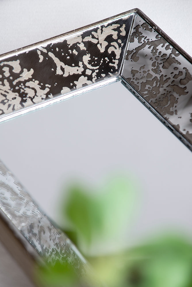 20" X 12" Antique Silver Rectangle Mirror With Floral Accents, Mirrored Display Tray, Hanging Wall Mirror Silver Mdf Glass