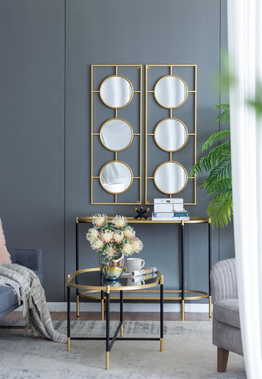 3 Mirror Piece Wall Mirror In Gold Rectangular Frame, Home Wall Decor For Bedroom Living Room, 43"X16" Gold Iron