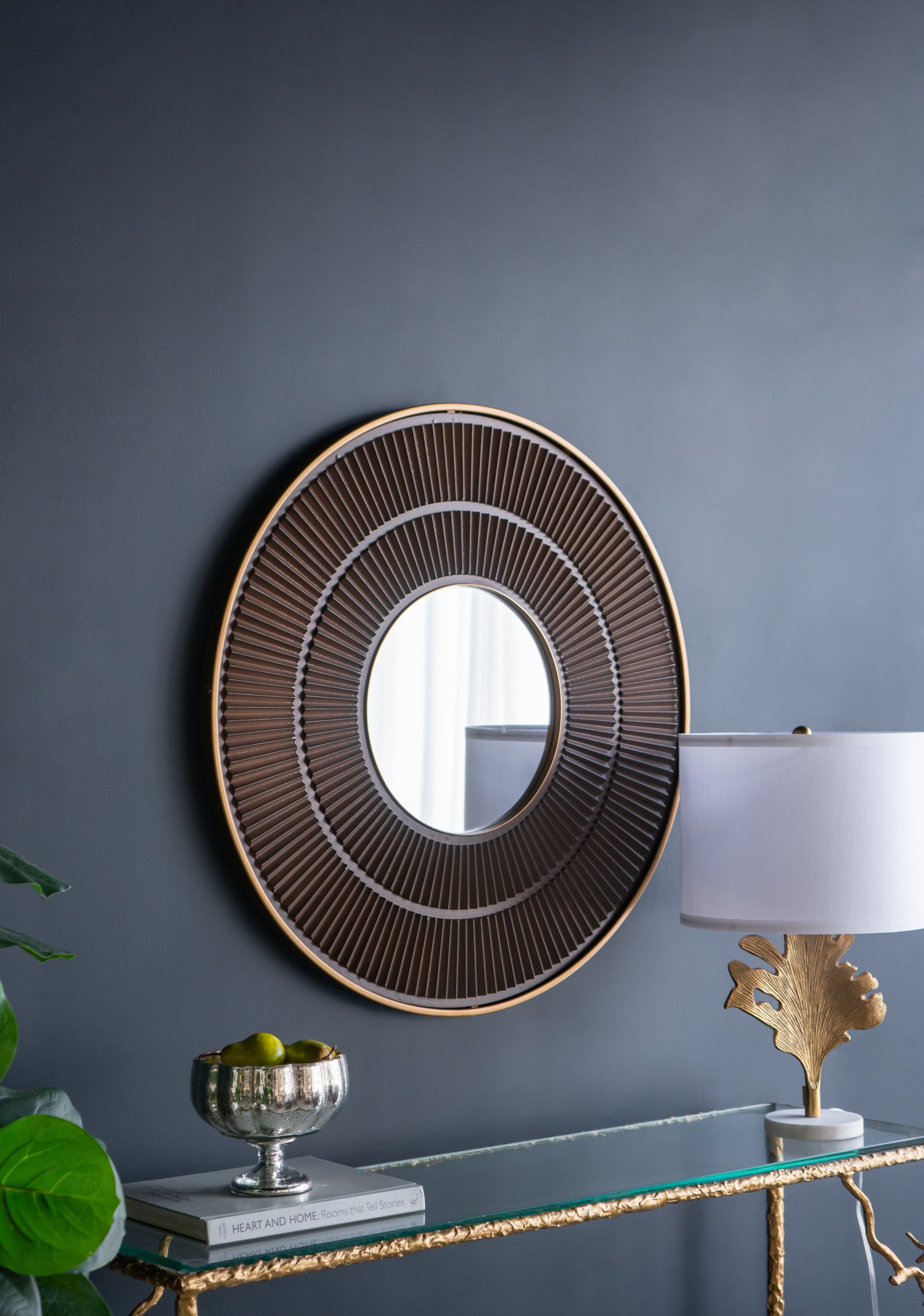 31.5X1X31.5" Round Carter Wooden Mirror With Gold Iron Frame Neutral Colorway Wall Decor For Live Space, Bathroom, Entryway Wall Decor Brown Mdf Glass