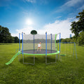 12Ft Trampoline With Slide And Swings, Astm Approved Large Recreational Trampoline With Basketball Hoop And Ladder,Outdoor Backyard Trampoline With Net, Capacity For Kids And Adults Green Metal