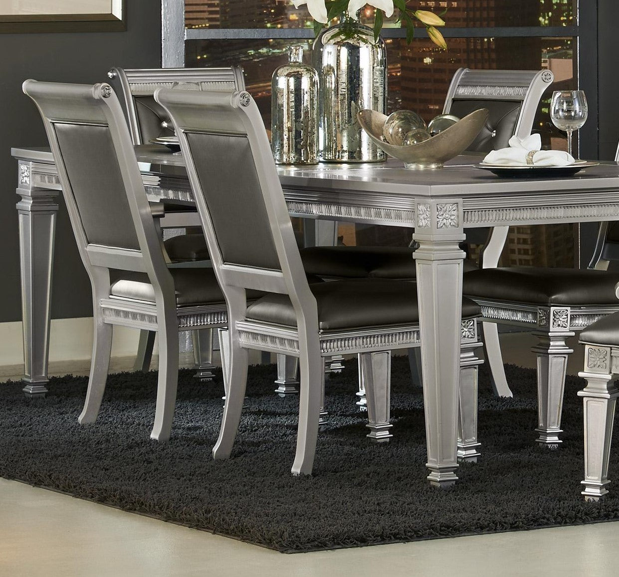 Silver Finish 5Pc Dining Set Table W Leaf And 4X Side Chairs Modern Glam Style Crystal Tufted Chairs Upholstered Seat Wooden Dining Room Furniture Silver Seats 4 Dining Room Extendable Glam,Modern Rectangular Dining Table With Chair Wood