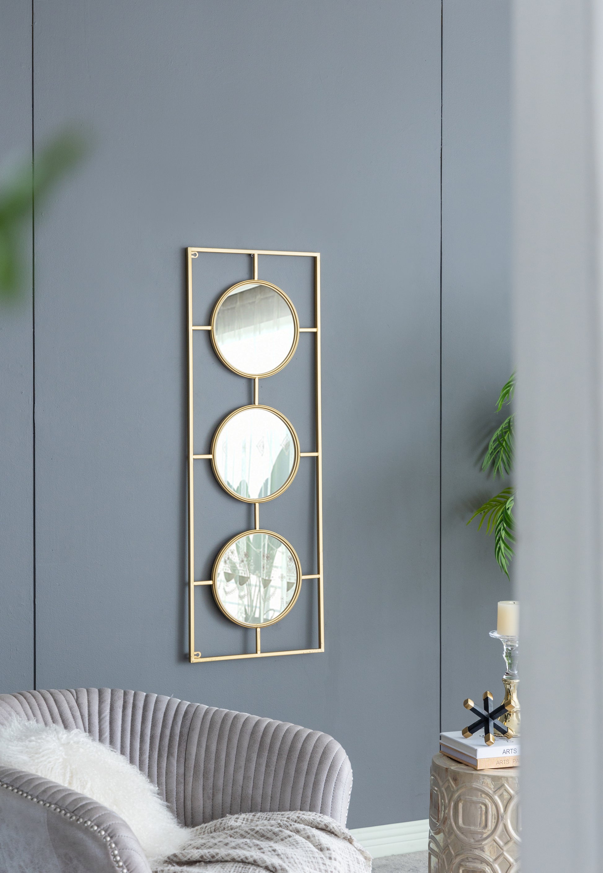 3 Mirror Piece Wall Mirror In Gold Rectangular Frame, Home Wall Decor For Bedroom Living Room, 43"X16" Gold Iron