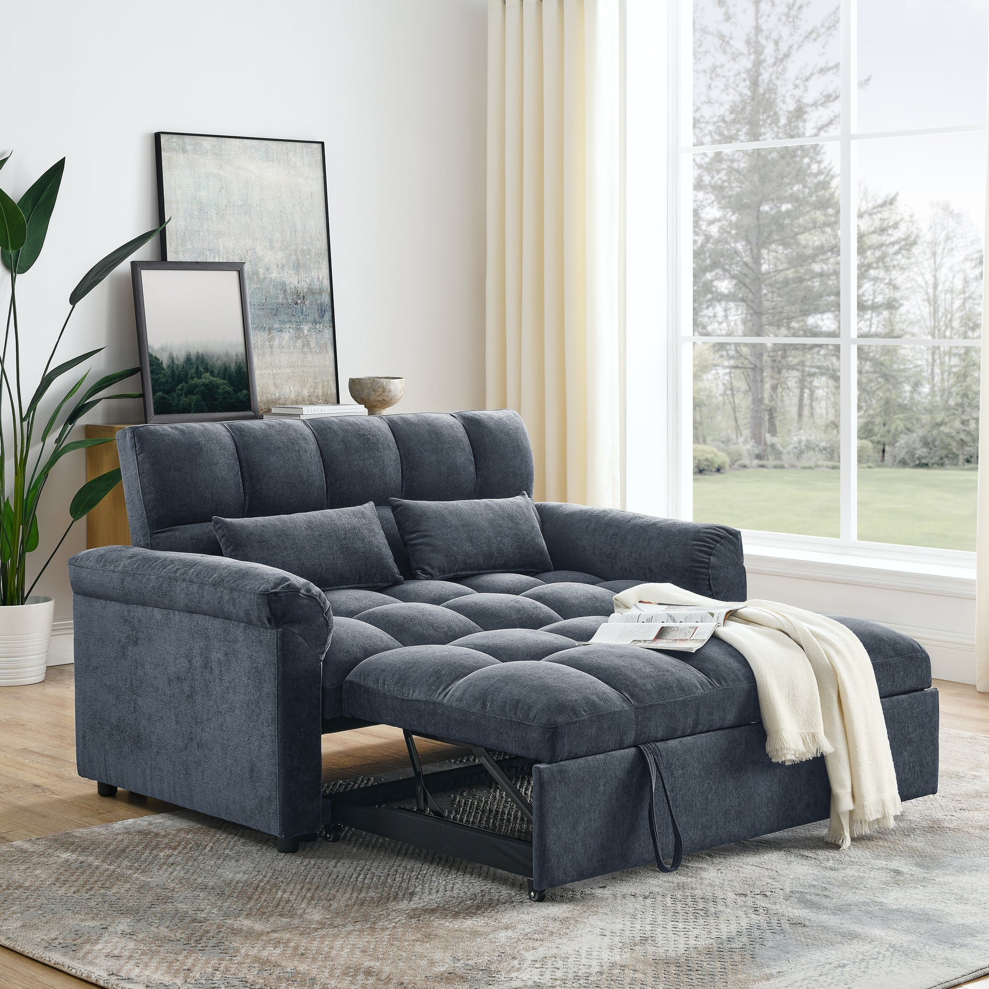 Loveseats Sofa Bed With Pull Out Bed,Adjsutable Back,Blue Grey Blue Grey Linen Wood Primary Living Space Medium Soft Tight Back Eucalyptus Pillow Top Arms Foam Linen 2 Seat
