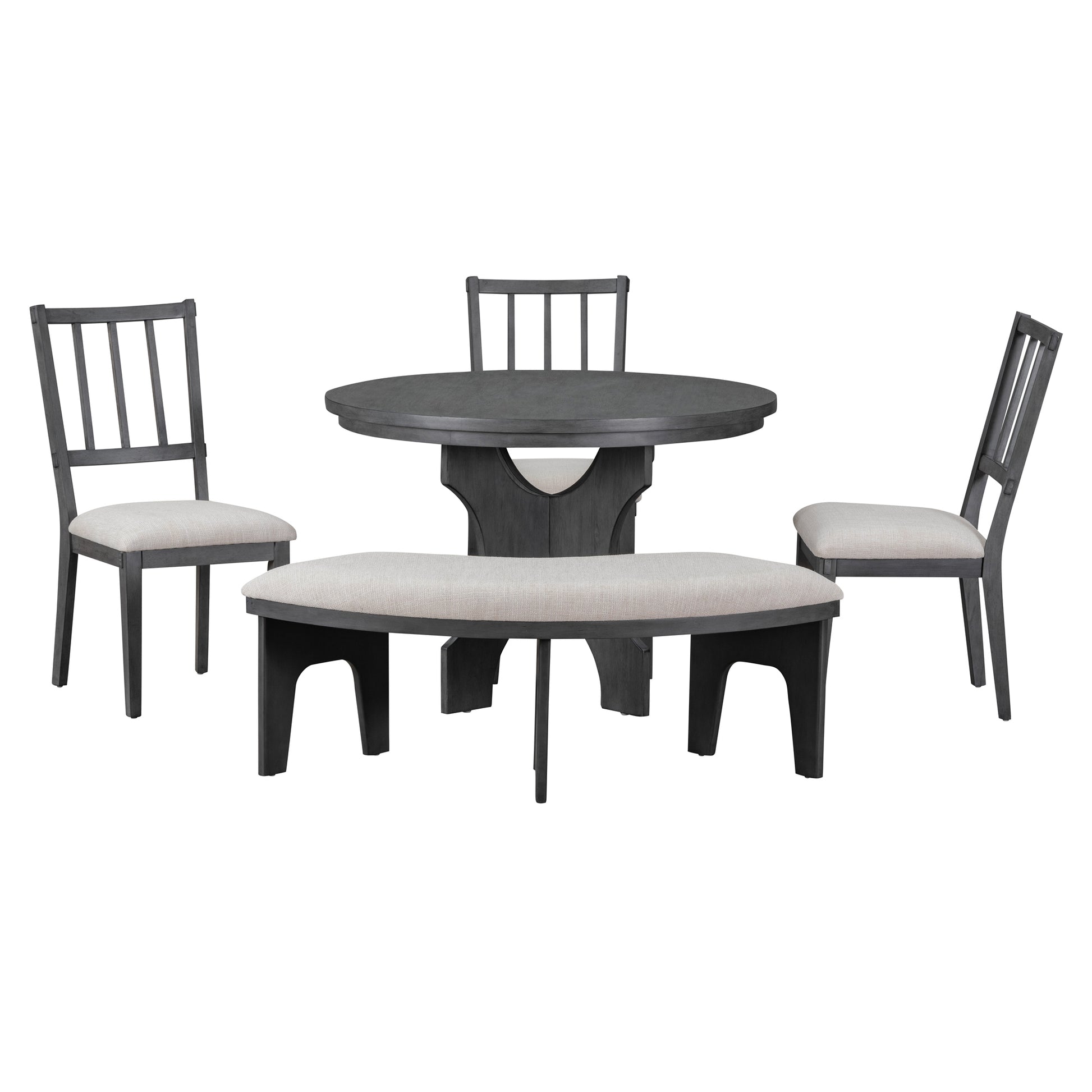 5 Piece Dining Table Set, 44" Round Dining Table With Curved Bench & Side Chairs For 4 5 People For Dining Room And Kitchen Grey Wood Dining Room Distressed Finish Rubberwood Round Dining Table With Chair And Bench Upholstered Chair Wood Grey Slat Back