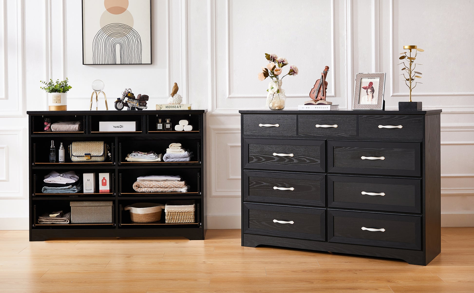 Bedroom Dresser, 9 Drawer Long Dresser With Antique Handles, Wood Chest Of Drawers For Kids Room, Living Room, Entry And Hallway, Black, 47.56''W X 15.75''D X 34.45''H. Black Particle Board