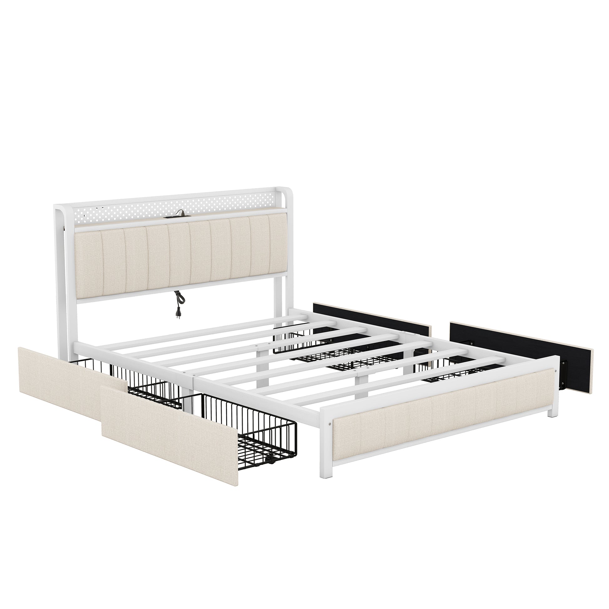 Queen Bed Frame With Led Headboard, Upholstered Bed With 4 Storage Drawers And Usb Ports, Beige Queen Beige Linen