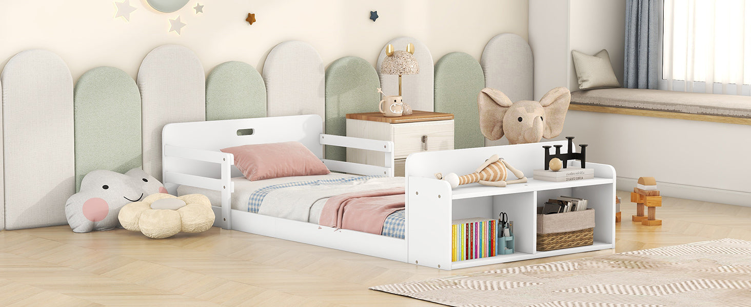 Twin Size Floor Bed With Storage Footboard And Guardrail, White Box Spring Not Required Twin White Wood Bedroom Bed Frame Solid Wood Mdf