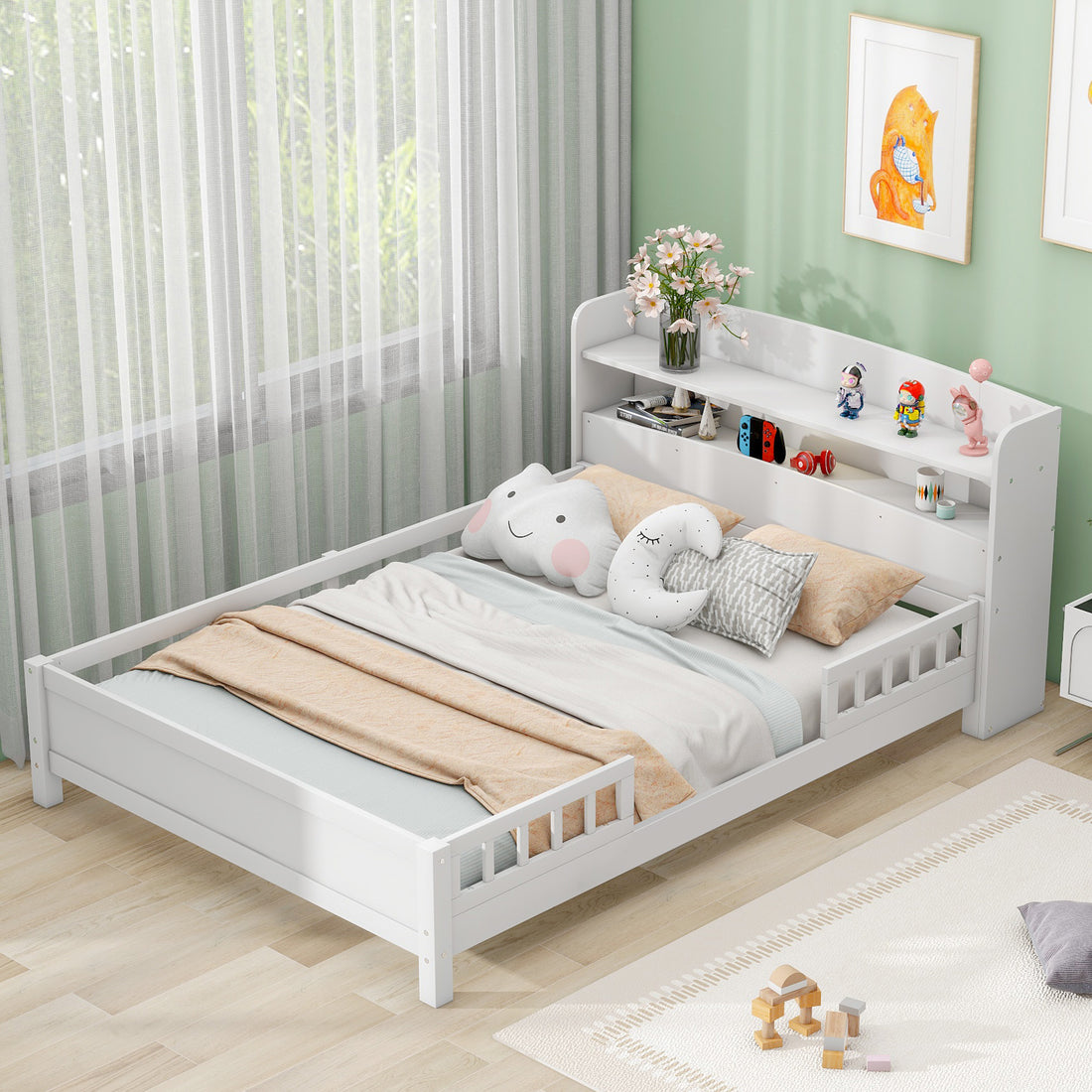 Wood Full Size Platform Bed With Built In Led Light, Storage Headboard And Guardrail, White Box Spring Not Required Full White Wood Bedroom Bed Frame Solid Wood Mdf