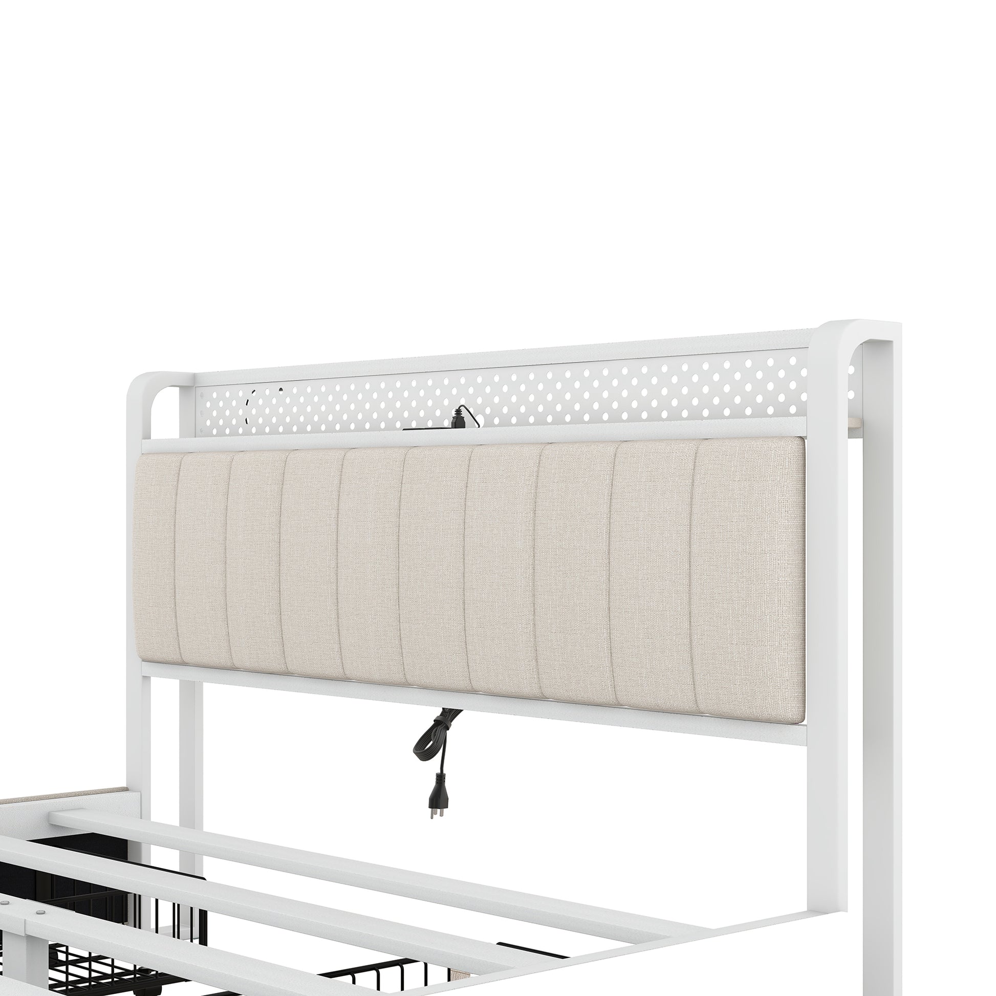 Queen Bed Frame With Led Headboard, Upholstered Bed With 4 Storage Drawers And Usb Ports, Beige Queen Beige Linen