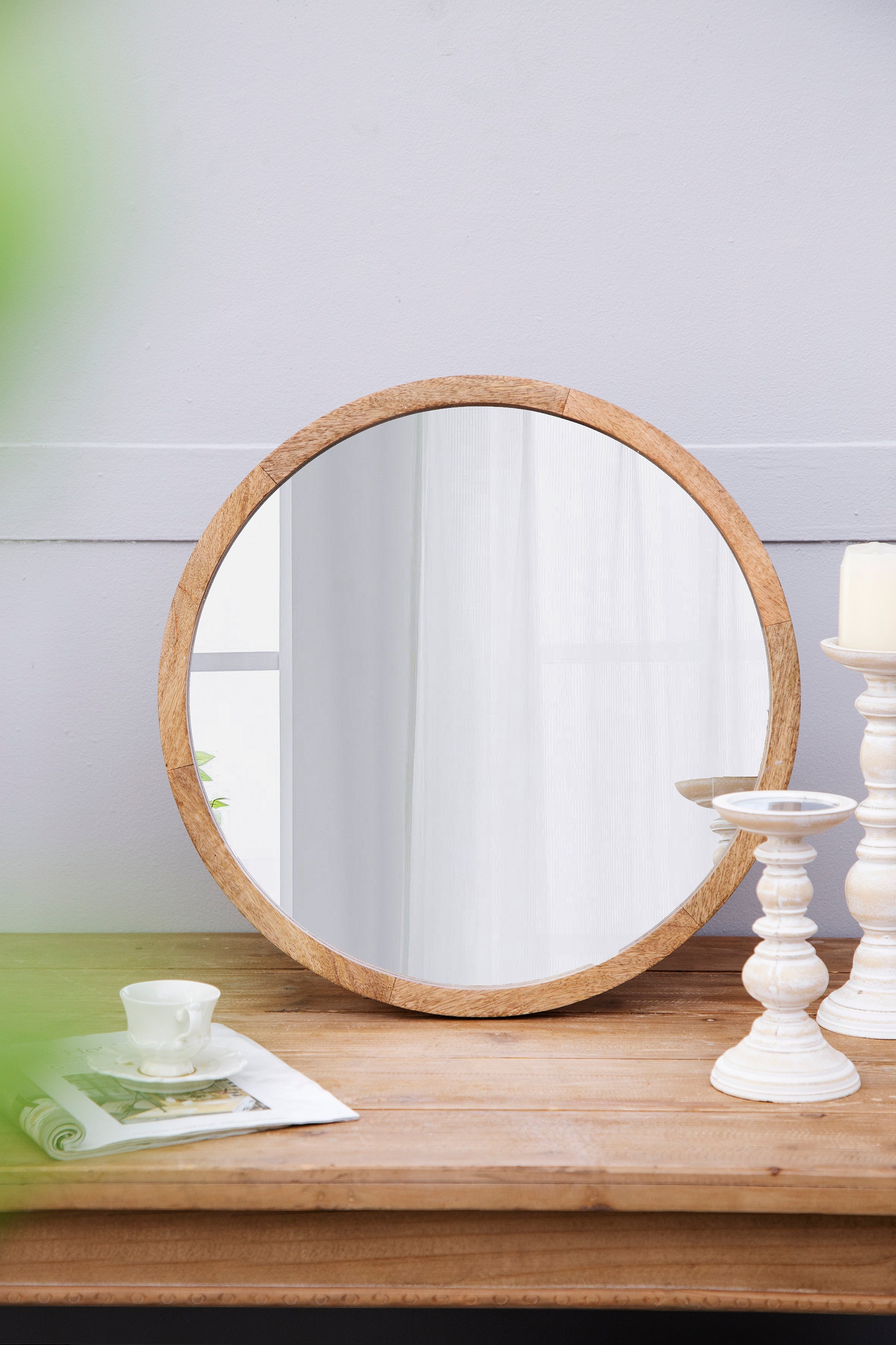 20" X 20" Circle Wall Mirror With Wooden Frame, Wall Mirror For Living Room, Dining Room, Foyer, Bathroom, Office Brown Wood Glass