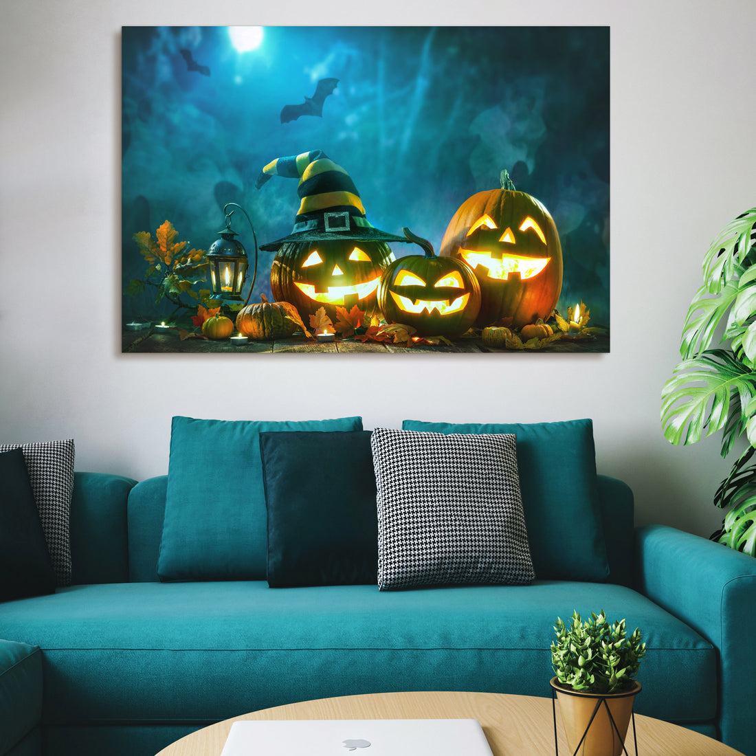 Drop Ping Framed Canvas Wall Art Decor Painting For Halloween, Jack O Lanterns With Wizard Hat Painting For Halloween Gift, Decoration For Halloween Living Room, Bedroom Decor Ready To Hang Rectangle Framed Multicolor Halloween Oversized 41In Canvas