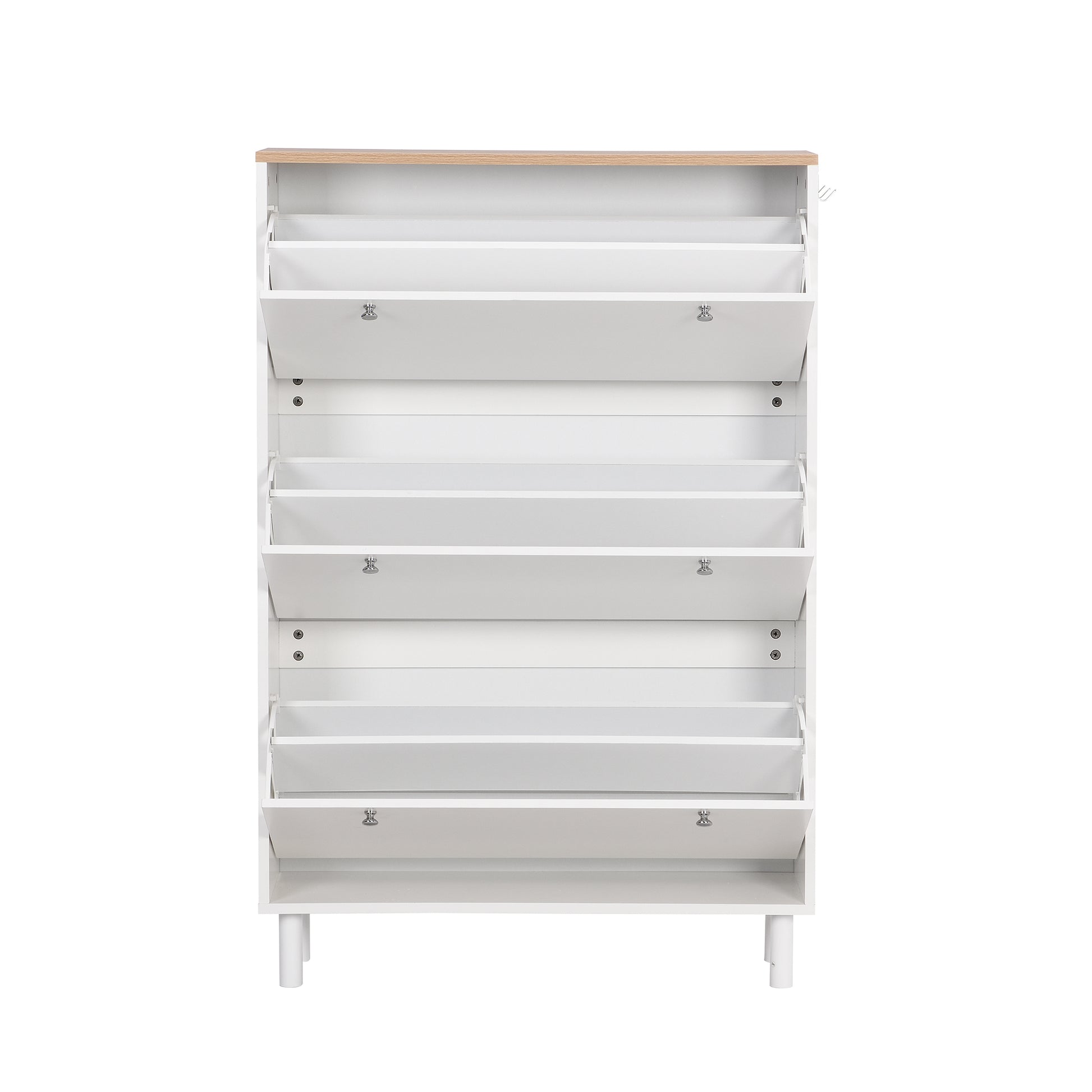 Narrow Design Shoe Cabinet With 3 Flip Drawers, Wood Grain Pattern Top Entryway Organizer With 3 Hooks, Free Standing Shoe Rack With Adjustable Panel For Hallway, White Freestanding 3 4 Drawers White Primary Living Space Shelves Included Particle Board