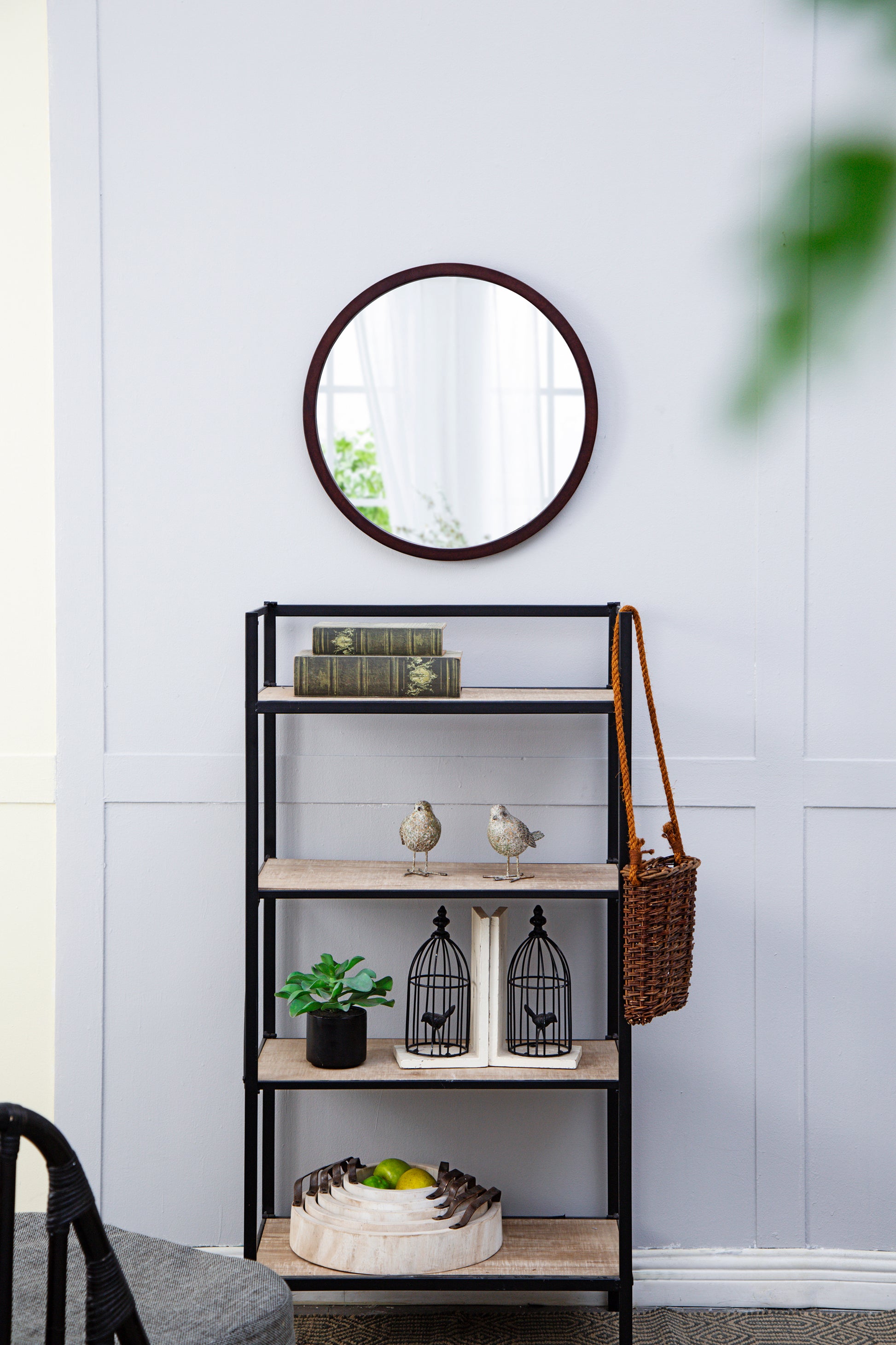 20" X 20" Circle Wall Mirror With Wooden Frame And Walnut Finish,Wall Mirror For Living Room Dining Room Brown Wood Glass