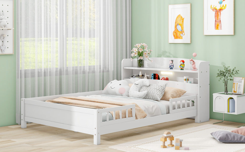 Wood Full Size Platform Bed With Built In Led Light, Storage Headboard And Guardrail, White Box Spring Not Required Full White Wood Bedroom Bed Frame Solid Wood Mdf