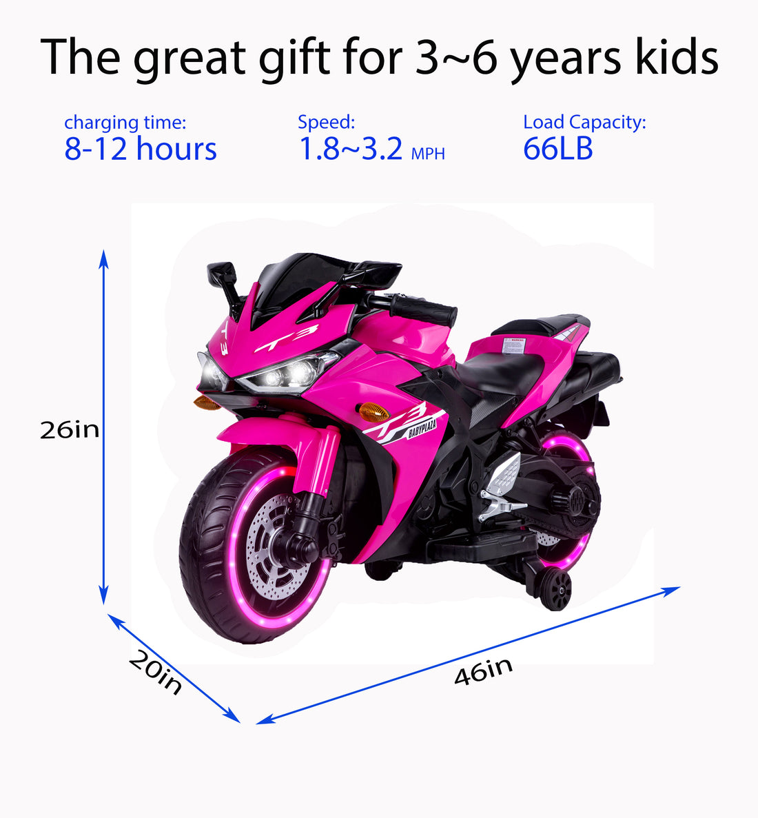 Kids Motorcycle,Tamco 12V Motorcycle For Kids 3 4 5 6 Years Boys Girls 12V7Ah Kids Motorcycle Ride On Toy With Training Wheels Manual Throttle Drive By Hand Lightting Wheels Pink 50 99 Lbs Plastic Indoor & Outdoor Use