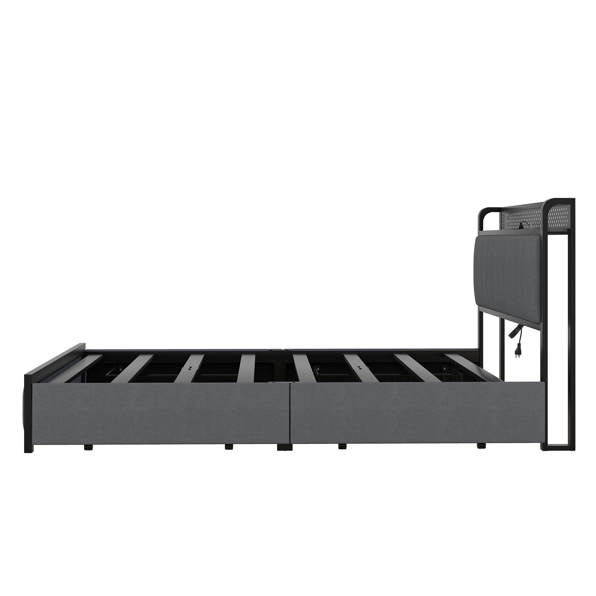 Queen Bed Frame With Led Headboard, Upholstered Bed With 4 Storage Drawers And Usb Ports, Dark Grey Queen Dark Gray Linen