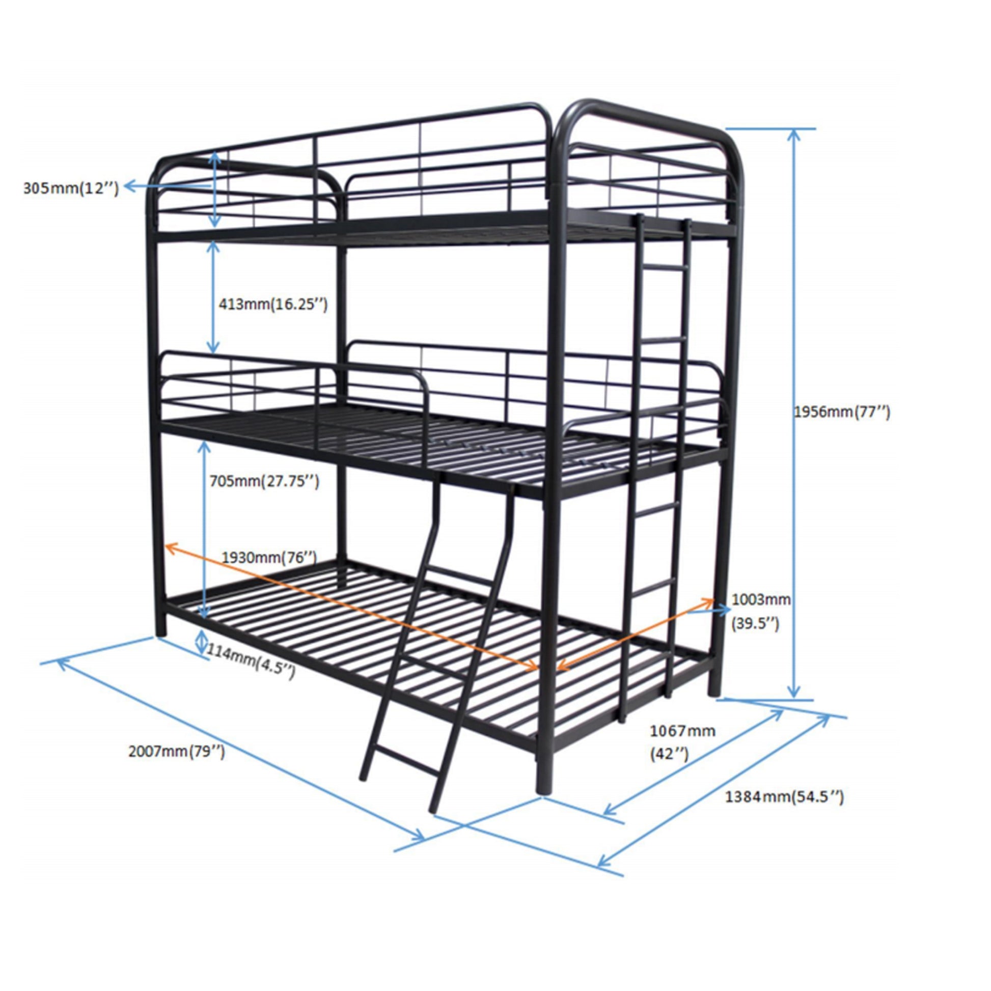 Furnituretriple Bunk Bed, Twin Twin Twin, Black Black Metal