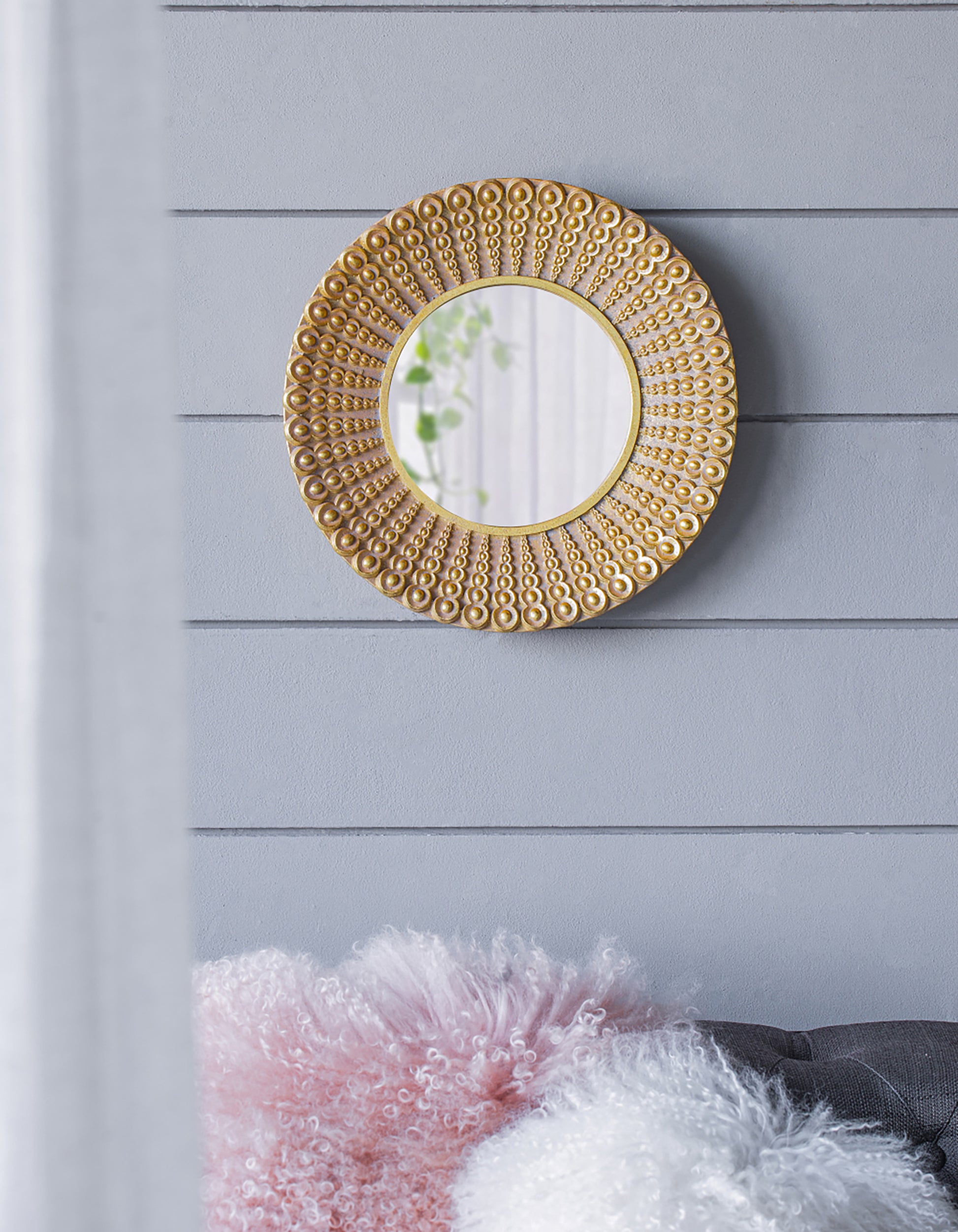 14" Gold Beaded Sunburst Mirror, Round Accent Wall Mirror For Living Room, Entryway, Bathroom, Office, Foyer Gold Polyresin