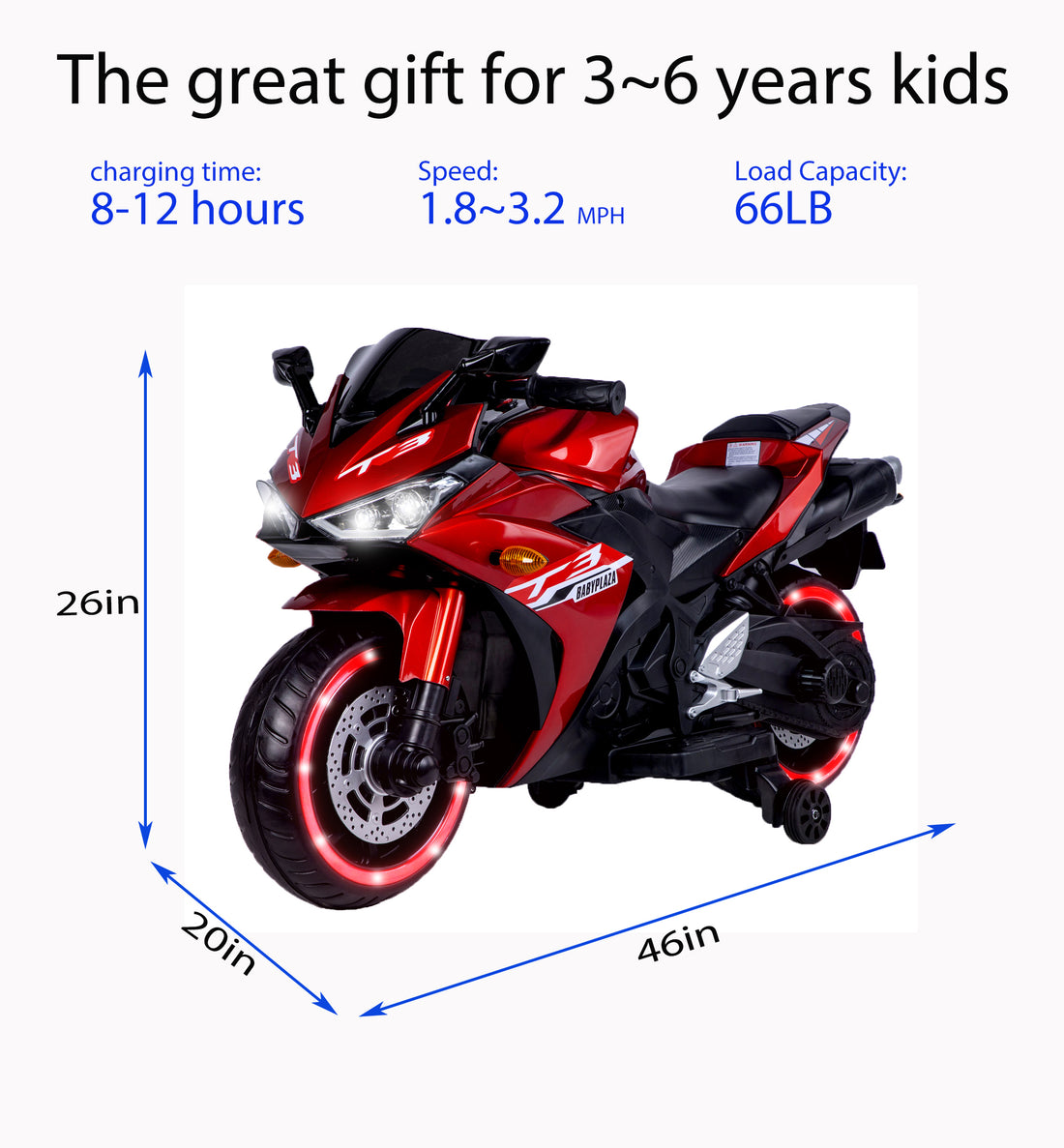 Tamco Kids Motorcycle 12V Motorcycle For Kids 3 4 5 6 Years Boys Girls 12V7Ah Kids Motorcycle Ride On Toy With Training Wheels Manual Throttle Drive By Hand Lightting Wheels Red 50 99 Lbs Plastic Indoor & Outdoor Use