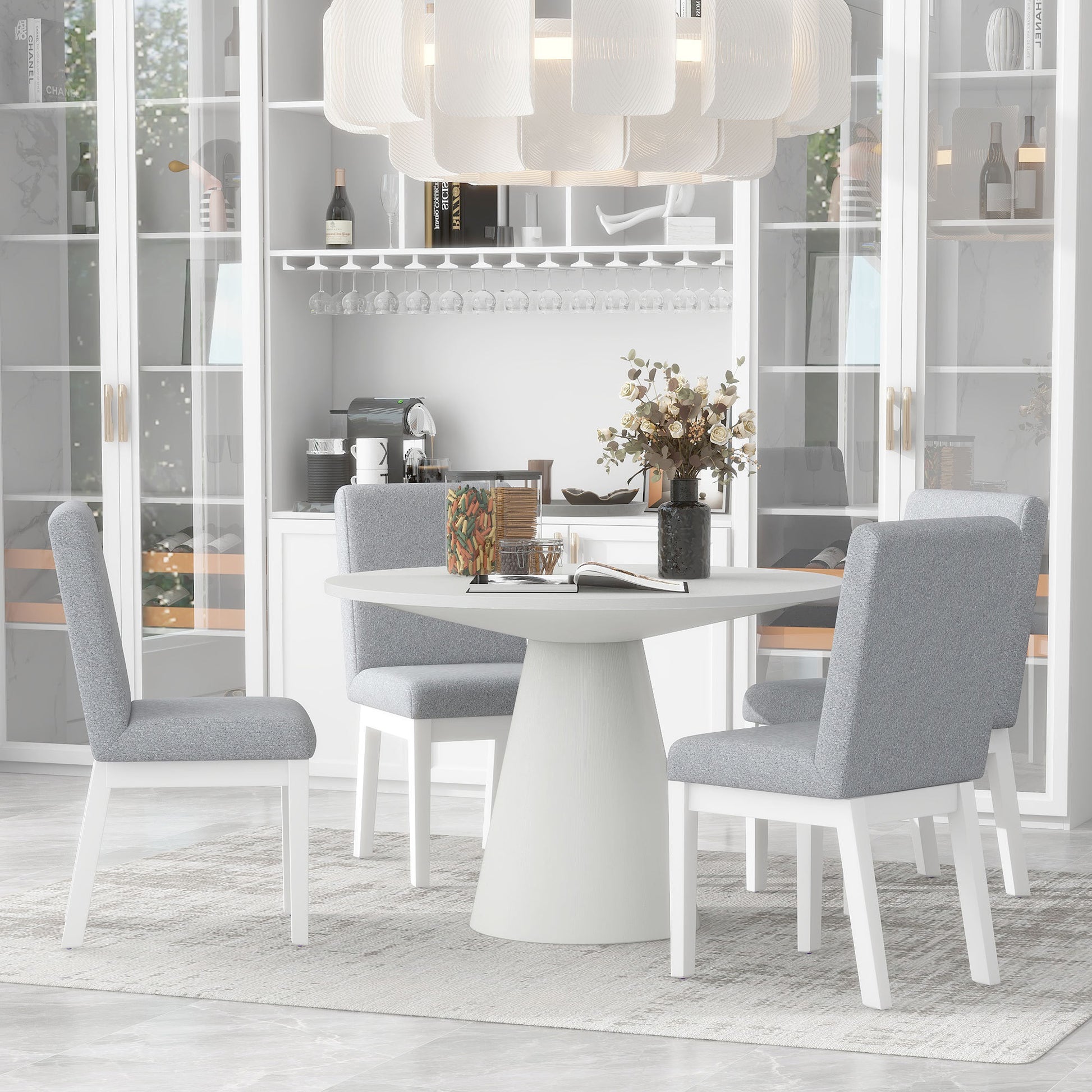 5 Piece Dining Set Retro Round Table With 4 Upholstered Chairs For Living Room, Dining Room Creamy White Cream White Rubber Wood