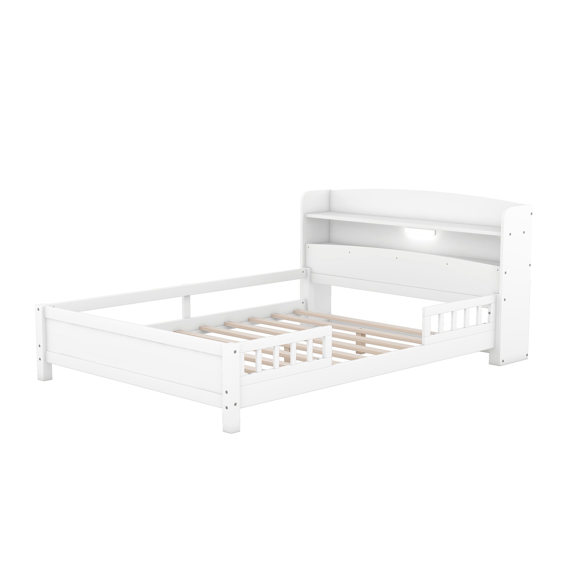 Wood Full Size Platform Bed With Built In Led Light, Storage Headboard And Guardrail, White Box Spring Not Required Full White Wood Bedroom Bed Frame Solid Wood Mdf