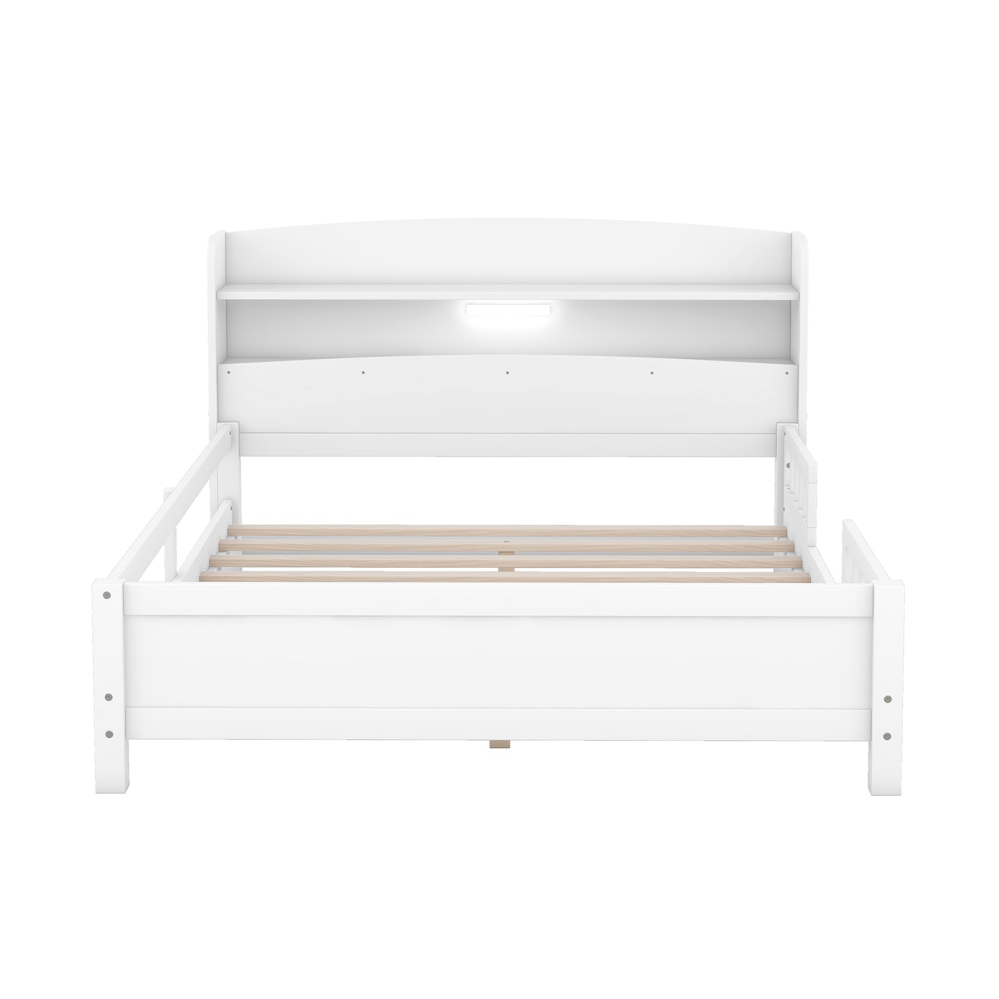 Wood Full Size Platform Bed With Built In Led Light, Storage Headboard And Guardrail, White Box Spring Not Required Full White Wood Bedroom Bed Frame Solid Wood Mdf