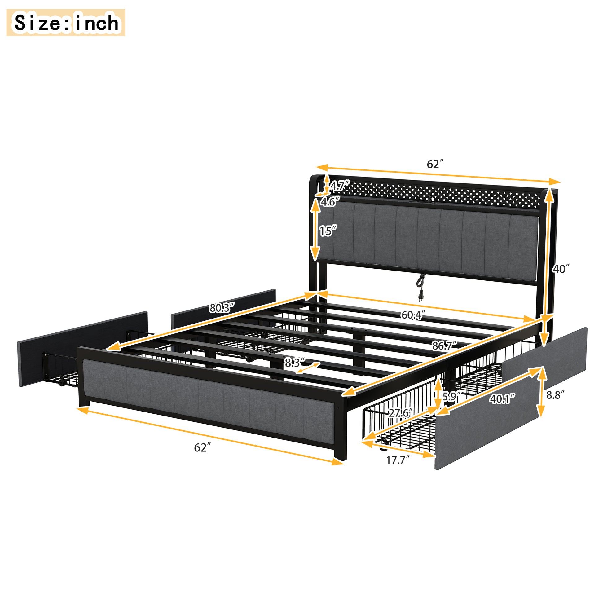 Queen Bed Frame With Led Headboard, Upholstered Bed With 4 Storage Drawers And Usb Ports, Dark Grey Queen Dark Gray Linen