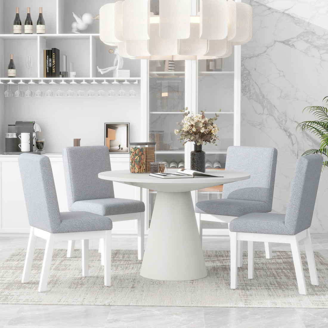 5 Piece Dining Set Retro Round Table With 4 Upholstered Chairs For Living Room, Dining Room Creamy White Cream White Rubber Wood