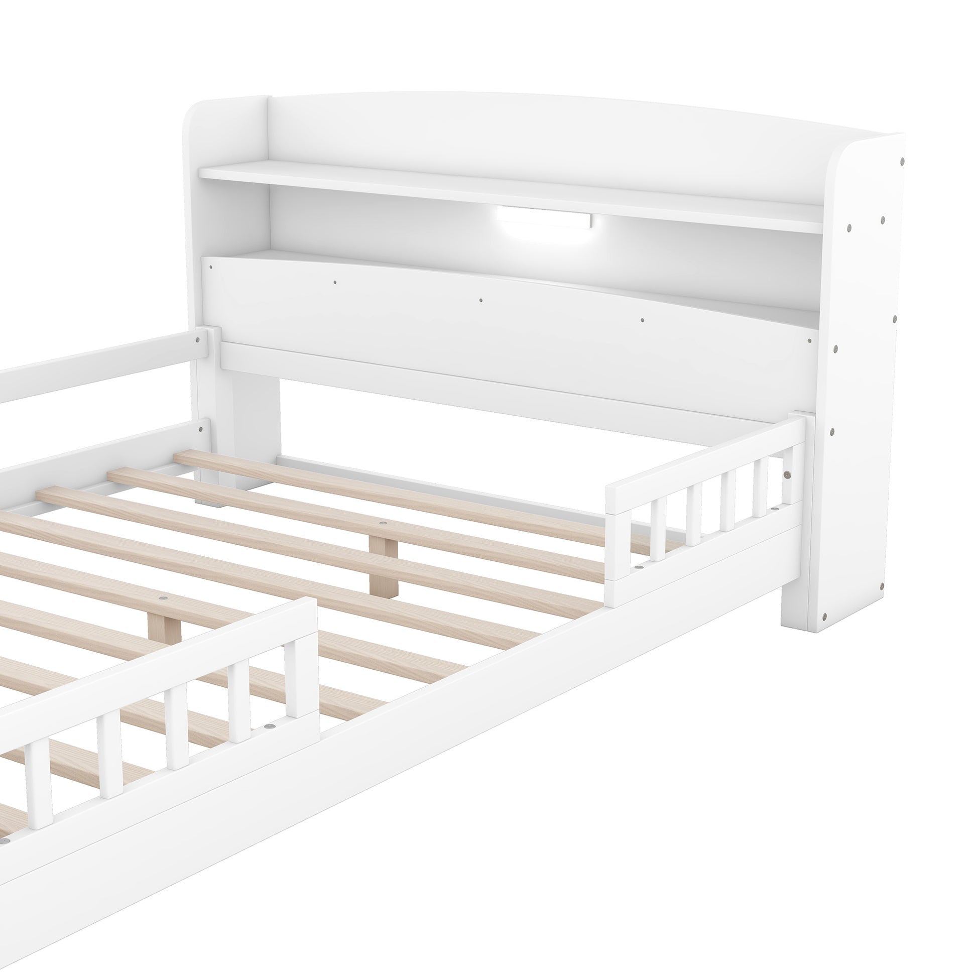 Wood Full Size Platform Bed With Built In Led Light, Storage Headboard And Guardrail, White Box Spring Not Required Full White Wood Bedroom Bed Frame Solid Wood Mdf