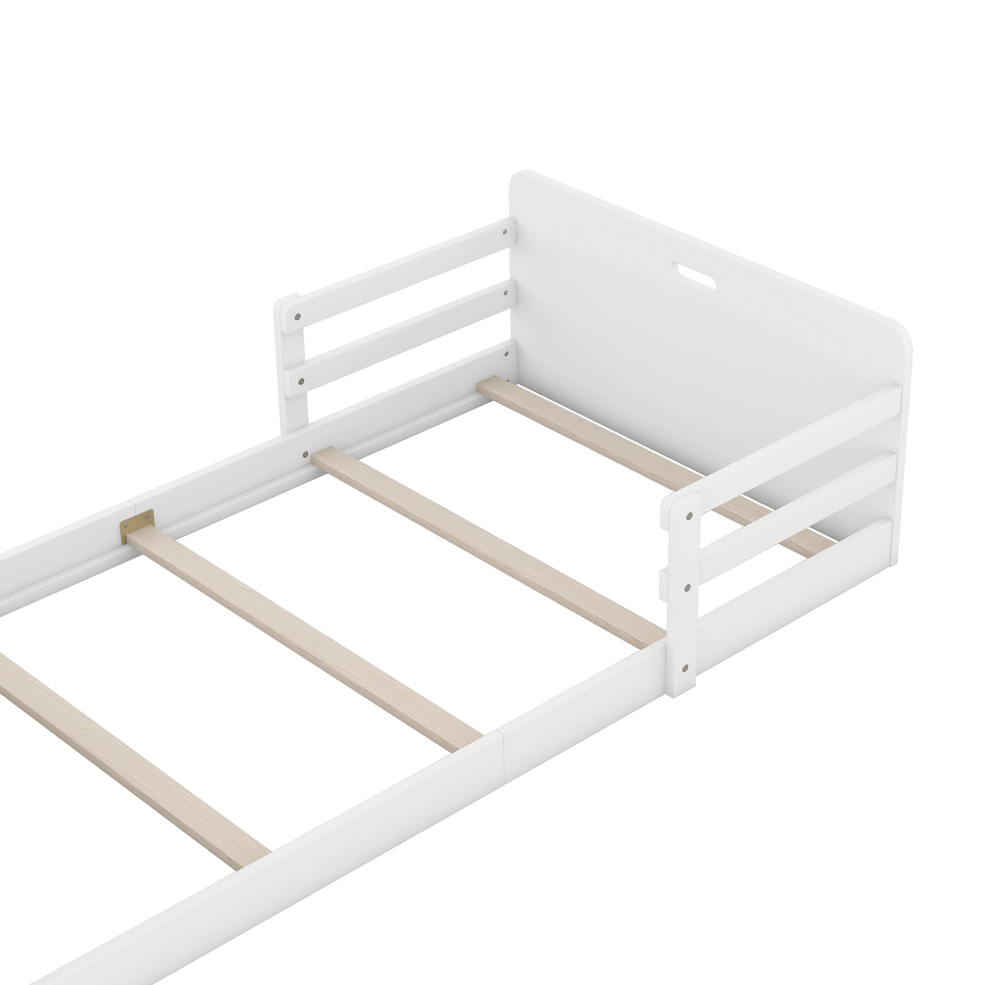 Twin Size Floor Bed With Storage Footboard And Guardrail, White Box Spring Not Required Twin White Wood Bedroom Bed Frame Solid Wood Mdf