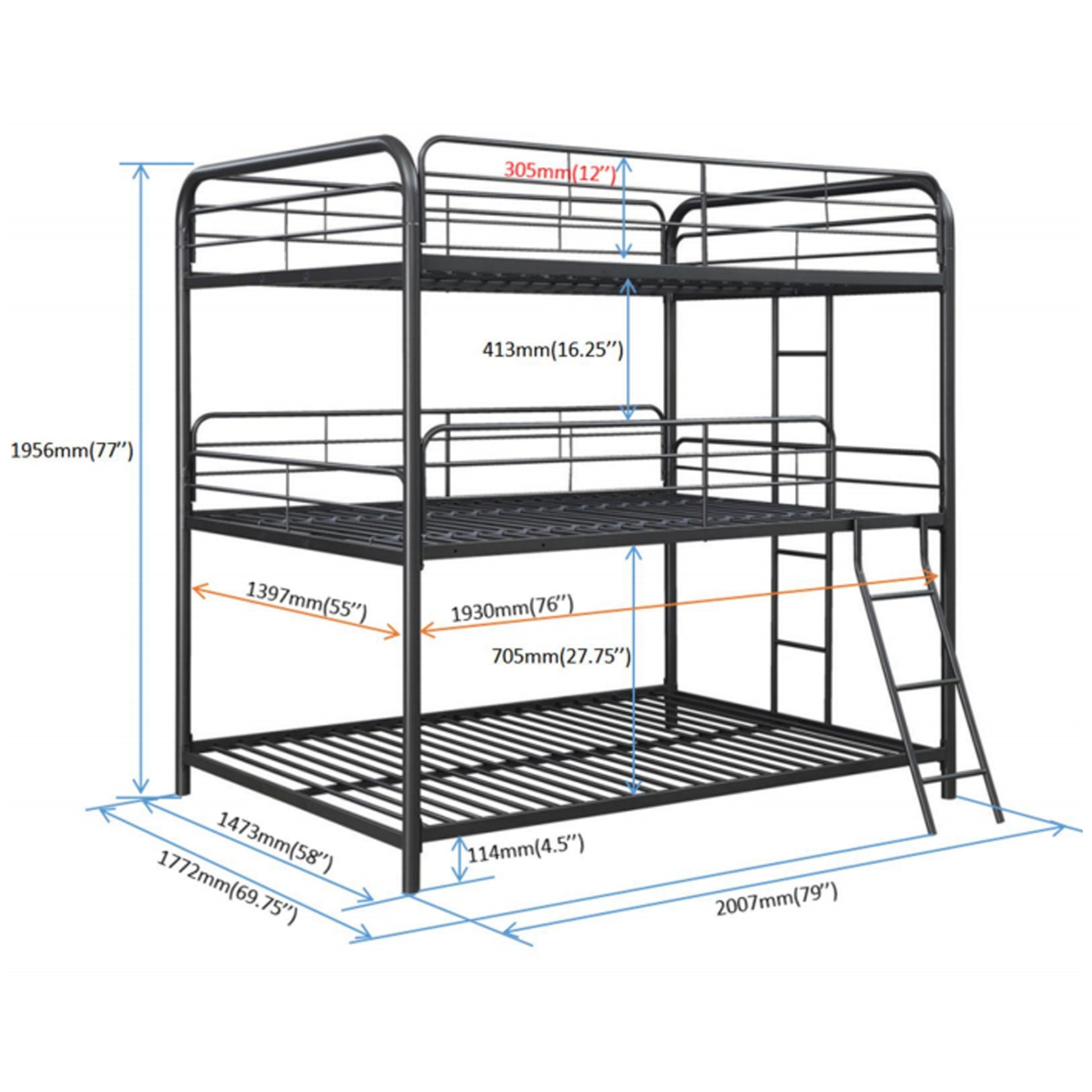 Furnituretriple Bunk Bed, Full Full Full, Black Black Metal