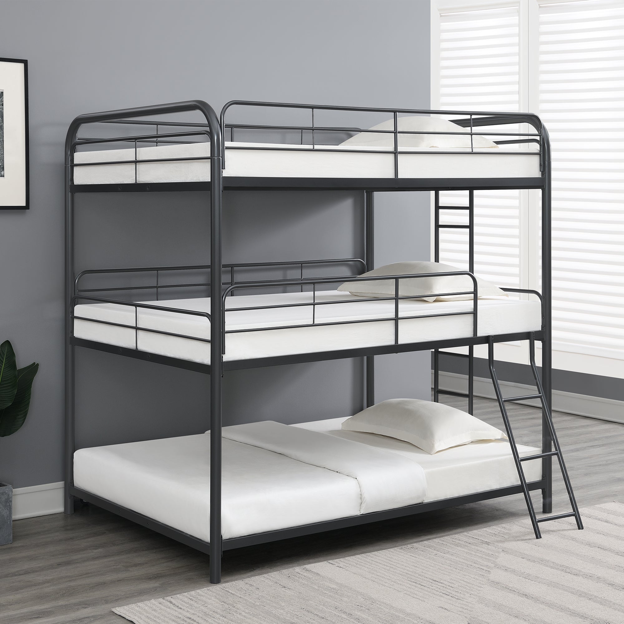 Furnituretriple Bunk Bed, Full Full Full, Black Black Metal